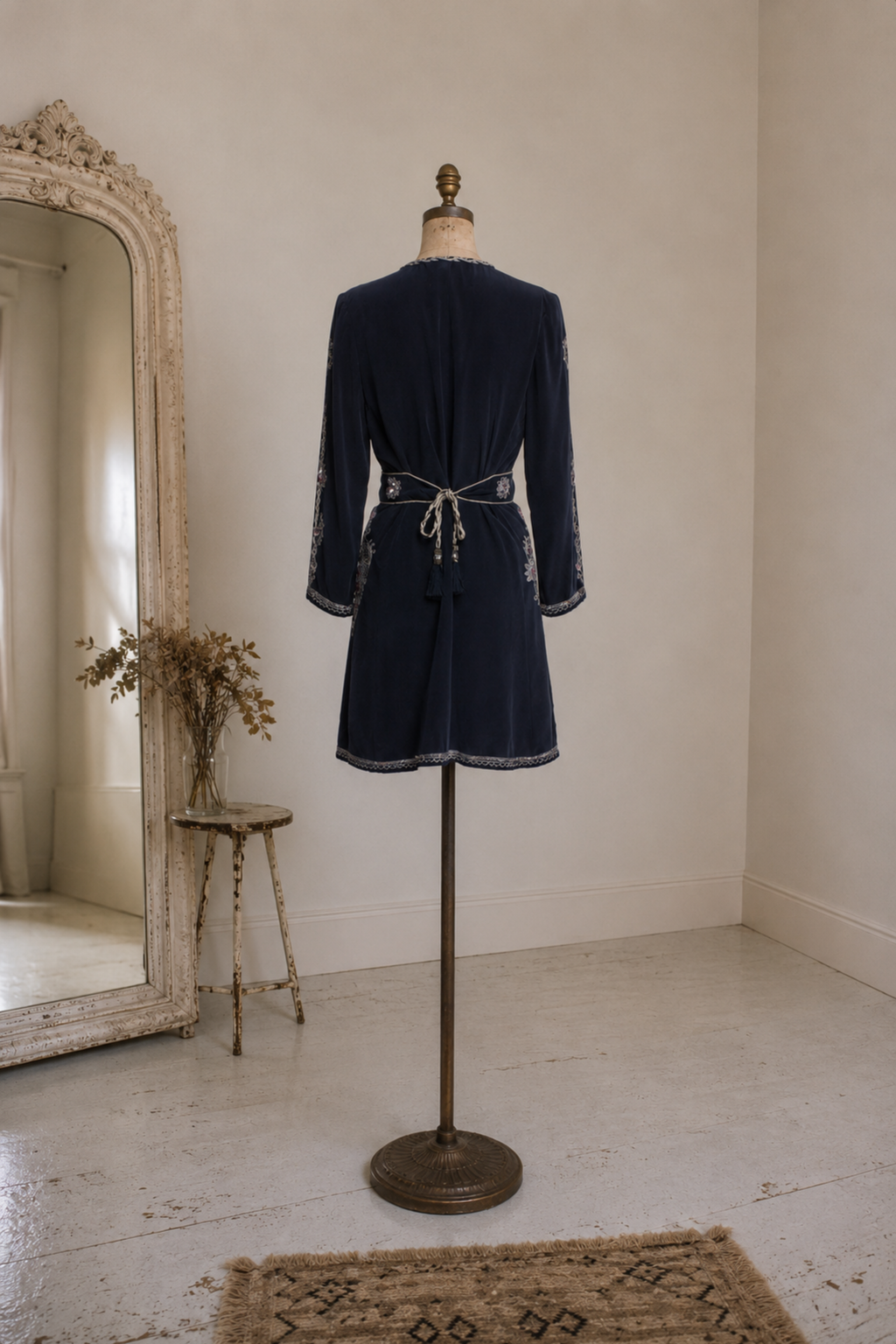 Vintage Calypso St. Barth Embroidered Silk Mini Dress | Navy Unique Boho Dress (S-M)
