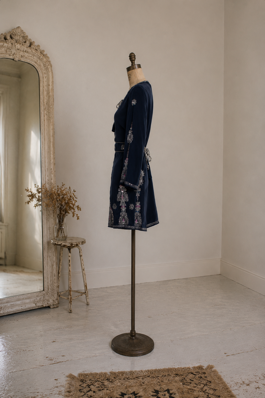 Vintage Calypso St. Barth Embroidered Silk Mini Dress | Navy Unique Boho Dress (S-M)