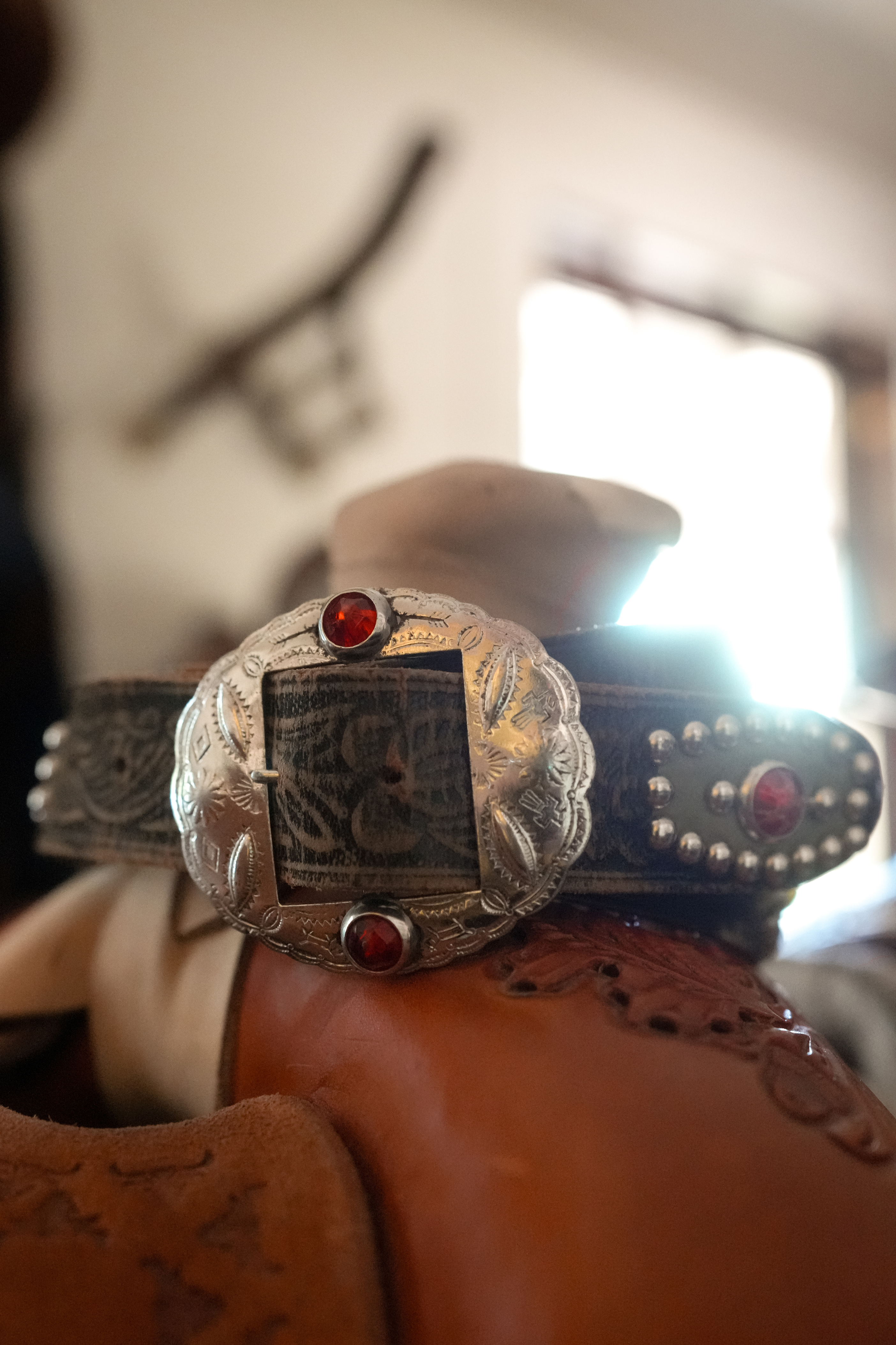 Vintage black leather western belt with colored rhinestones and studs
