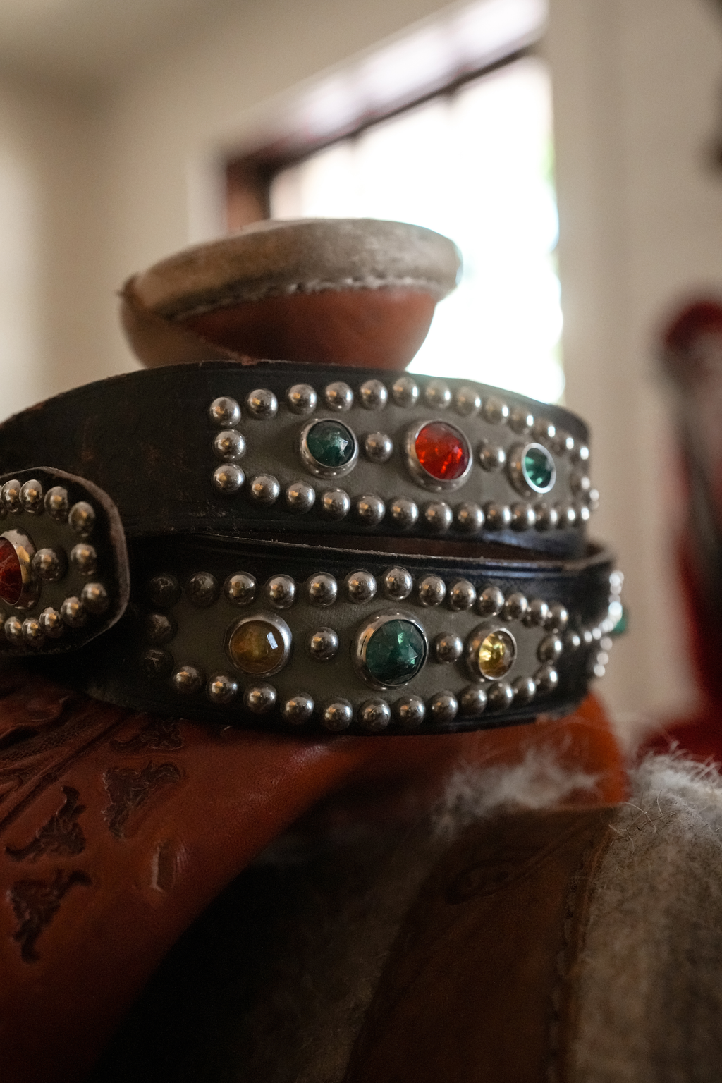 Vintage 1950s Western Studded Leather Belt |Jeweled Cowboy Rockabilly