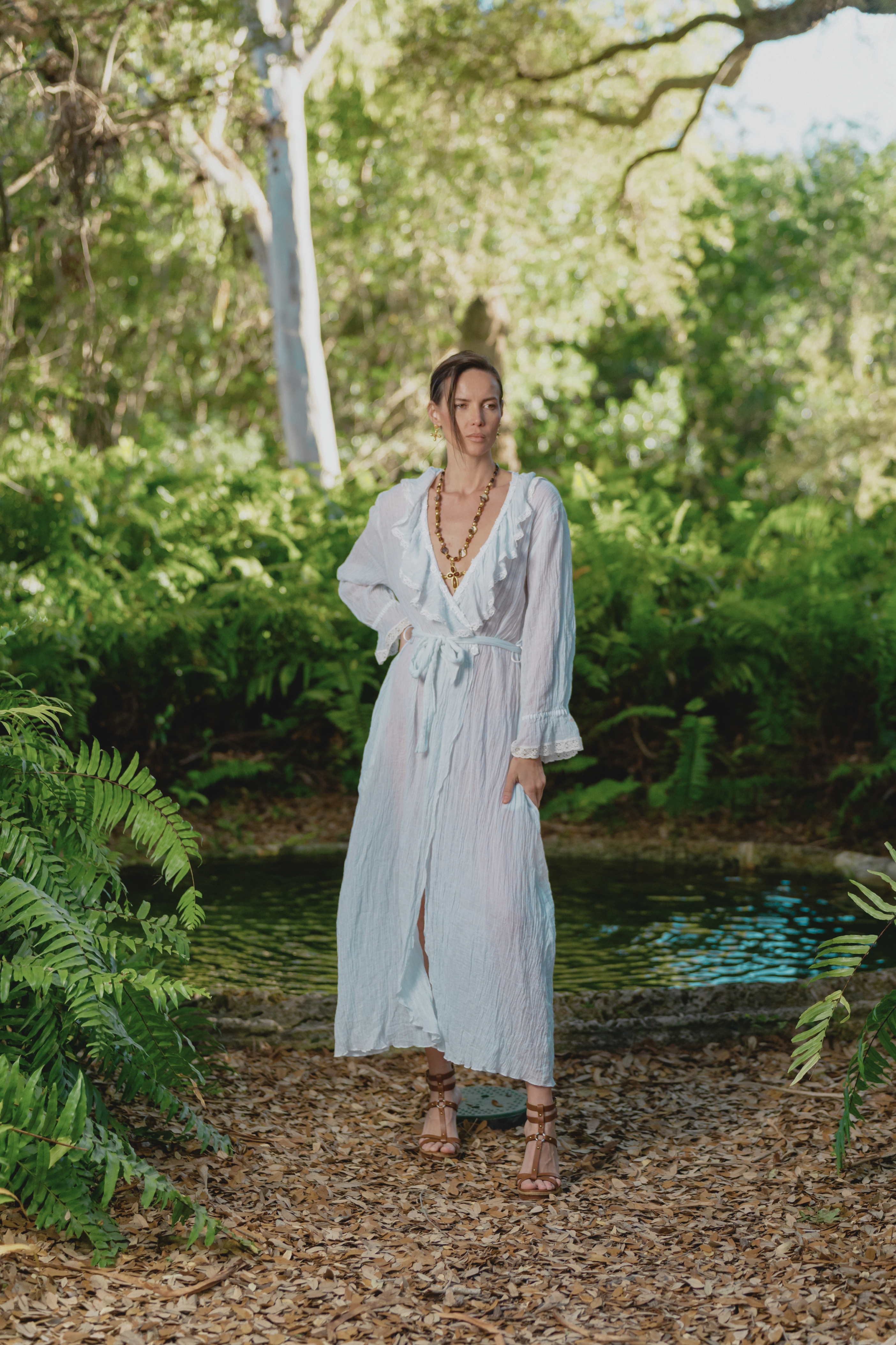 Vintage 90s Sheer Cotton Lace Ruffle Robe Dress in Soft Blue (M-L)