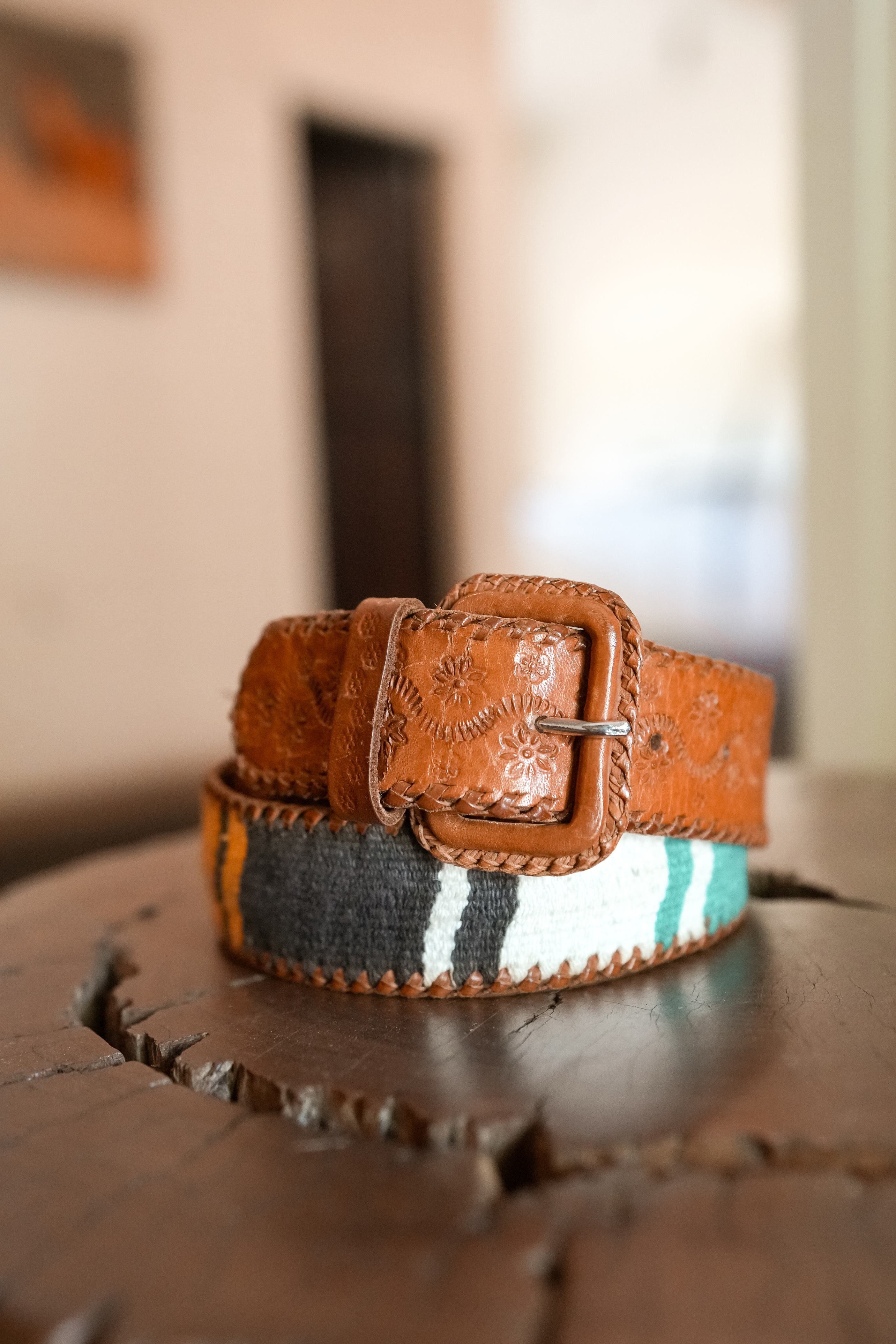 Vintage Artisan Hand-Tooled Leather & Woven Textile Belt | Made in Guatemala | Size 28