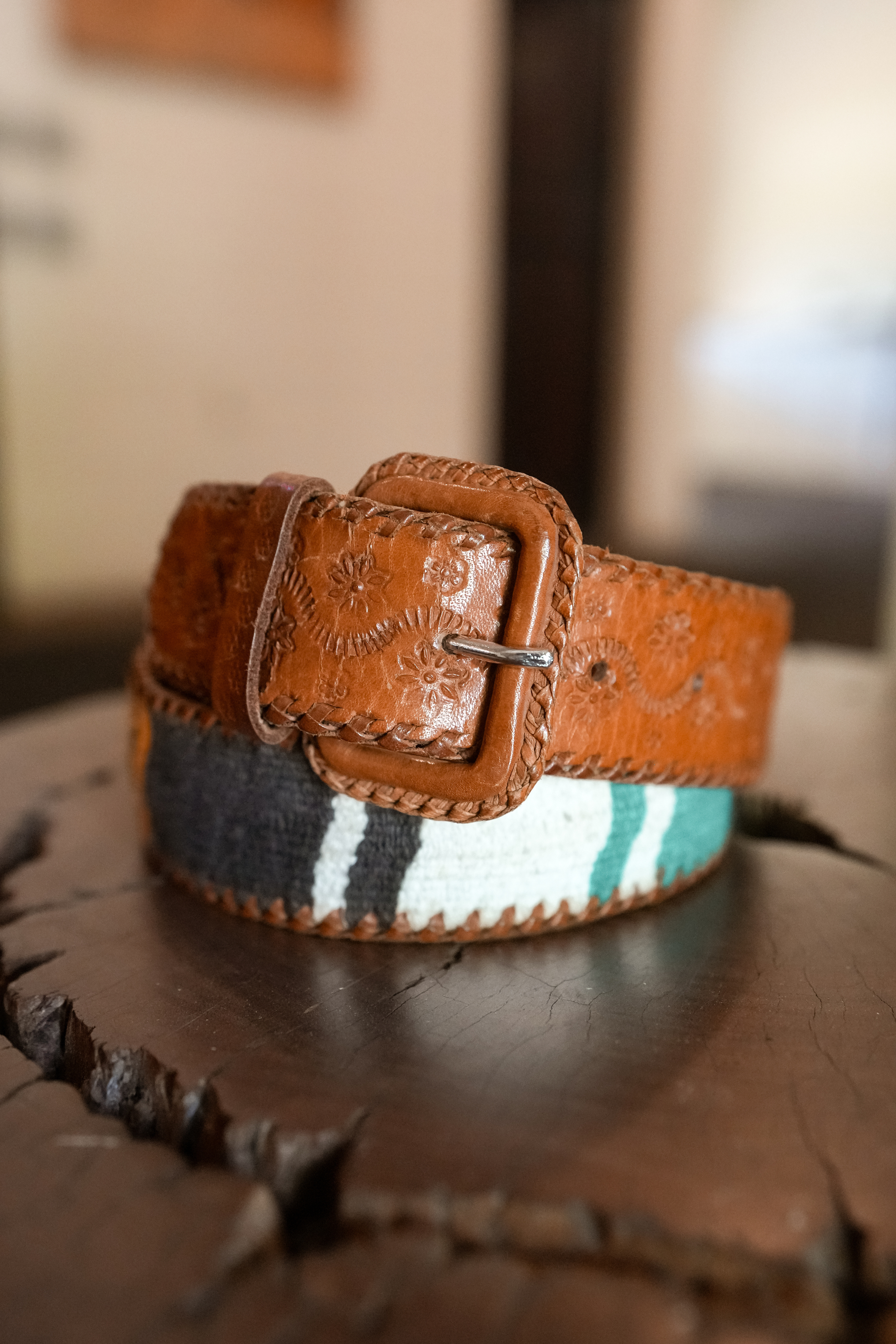 Vintage Artisan Hand-Tooled Leather & Woven Textile Belt | Made in Guatemala | Size 28
