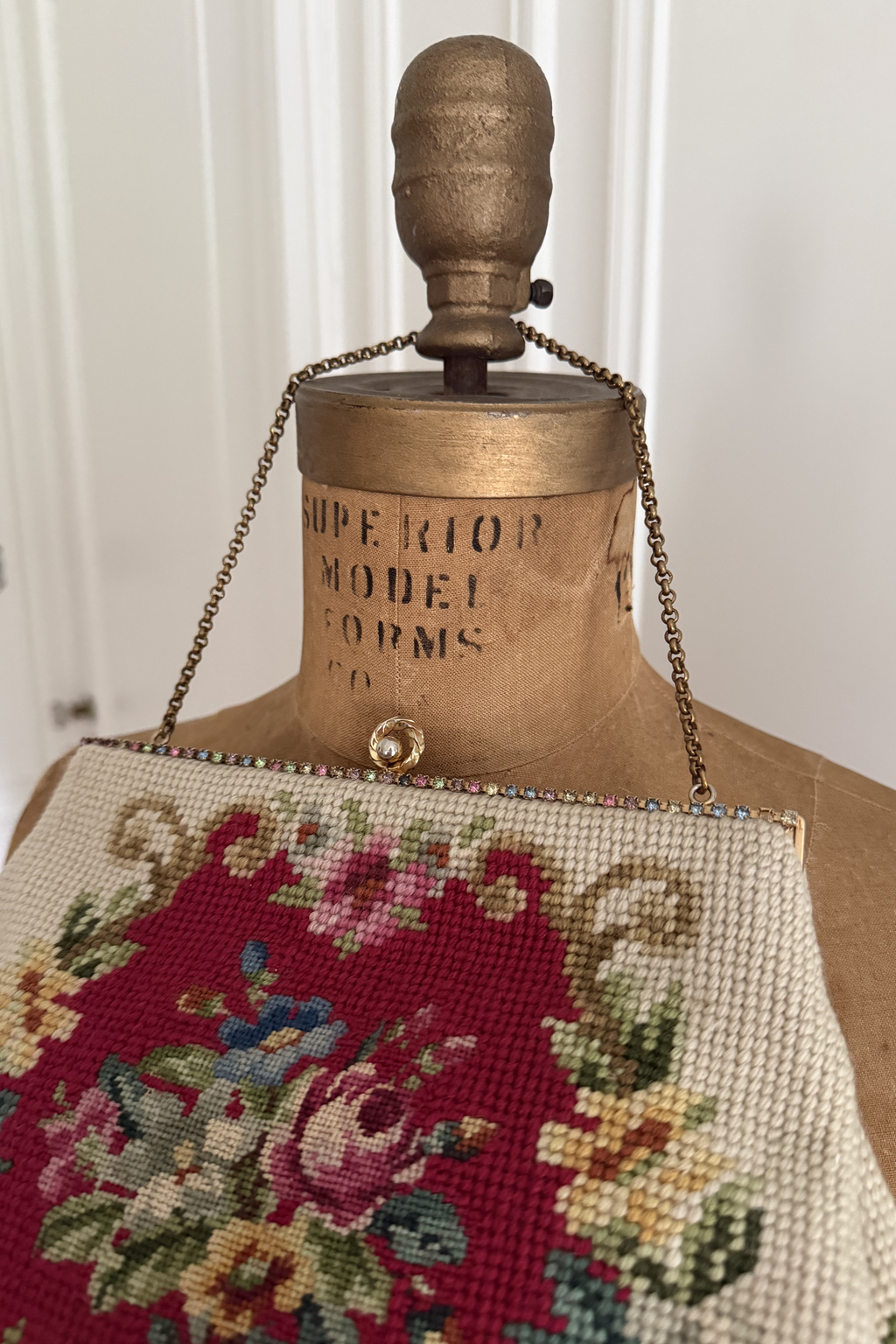 Gorgeous 1950s Red Medallion & Sage Satin Interior Needlepoint Purse | Christine Custom Bags Detroit