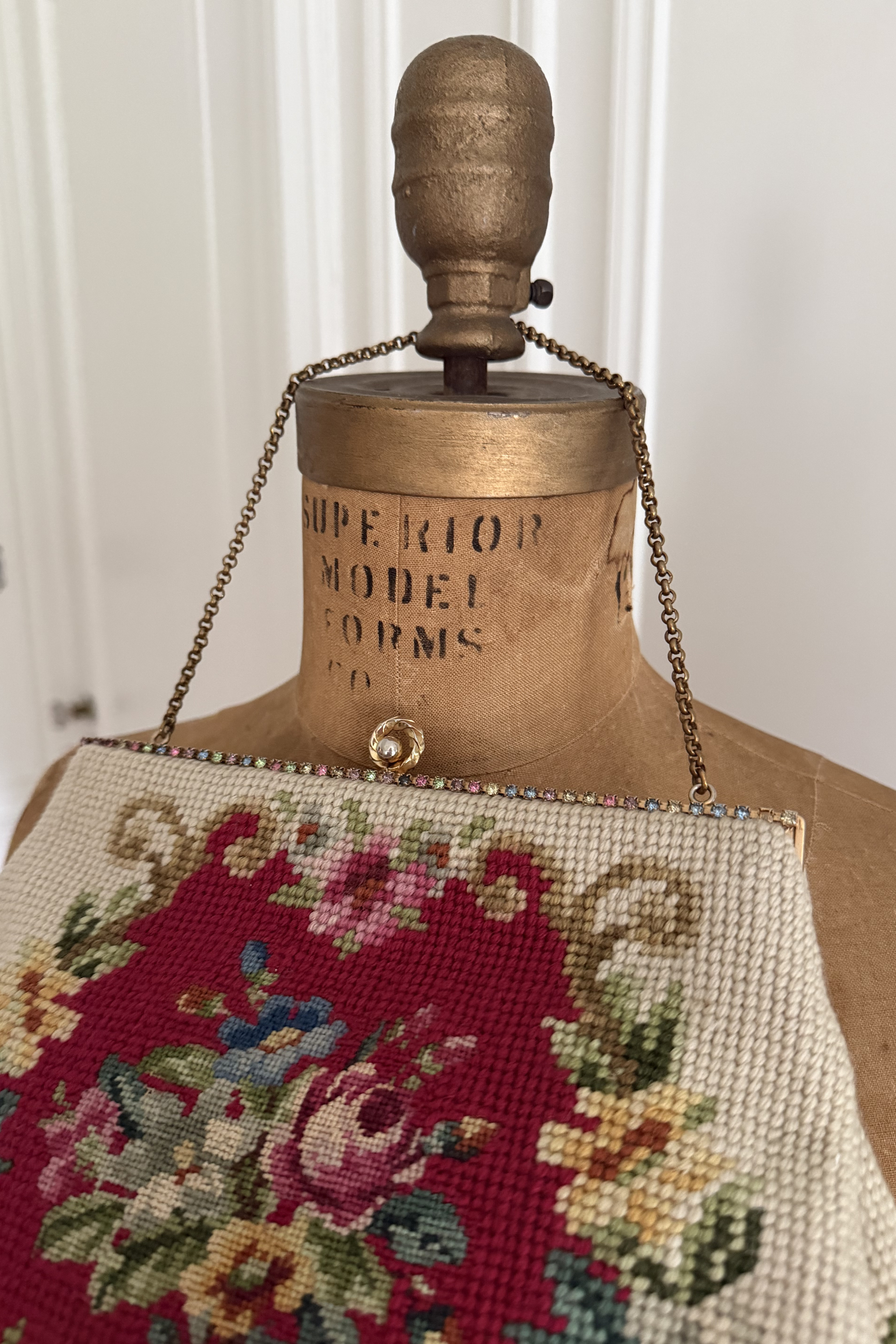 Gorgeous 1950s Red Medallion & Sage Satin Interior Needlepoint Purse | Christine Custom Bags Detroit