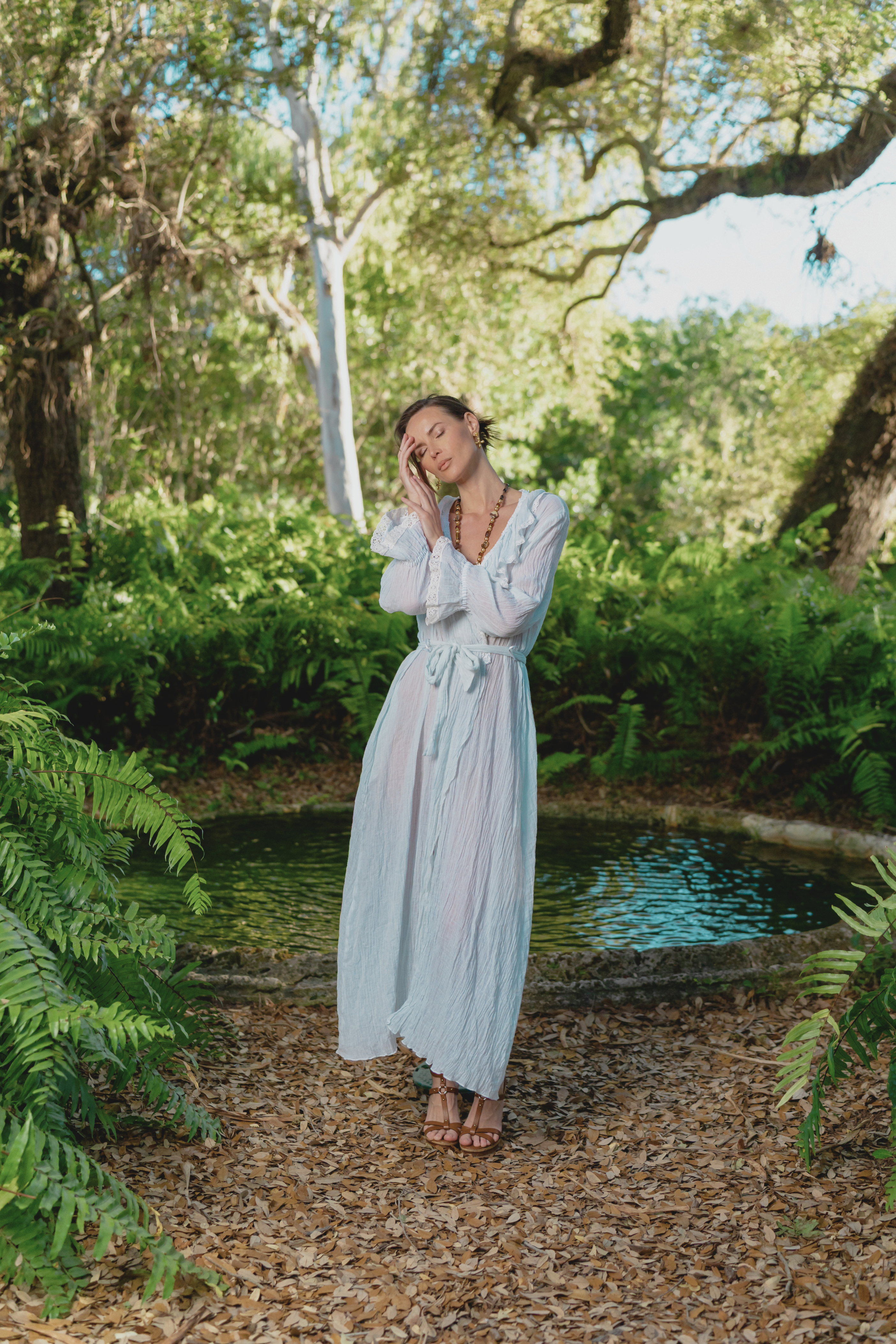 Vintage 90s Sheer Cotton Lace Ruffle Robe Dress in Soft Blue (M-L)