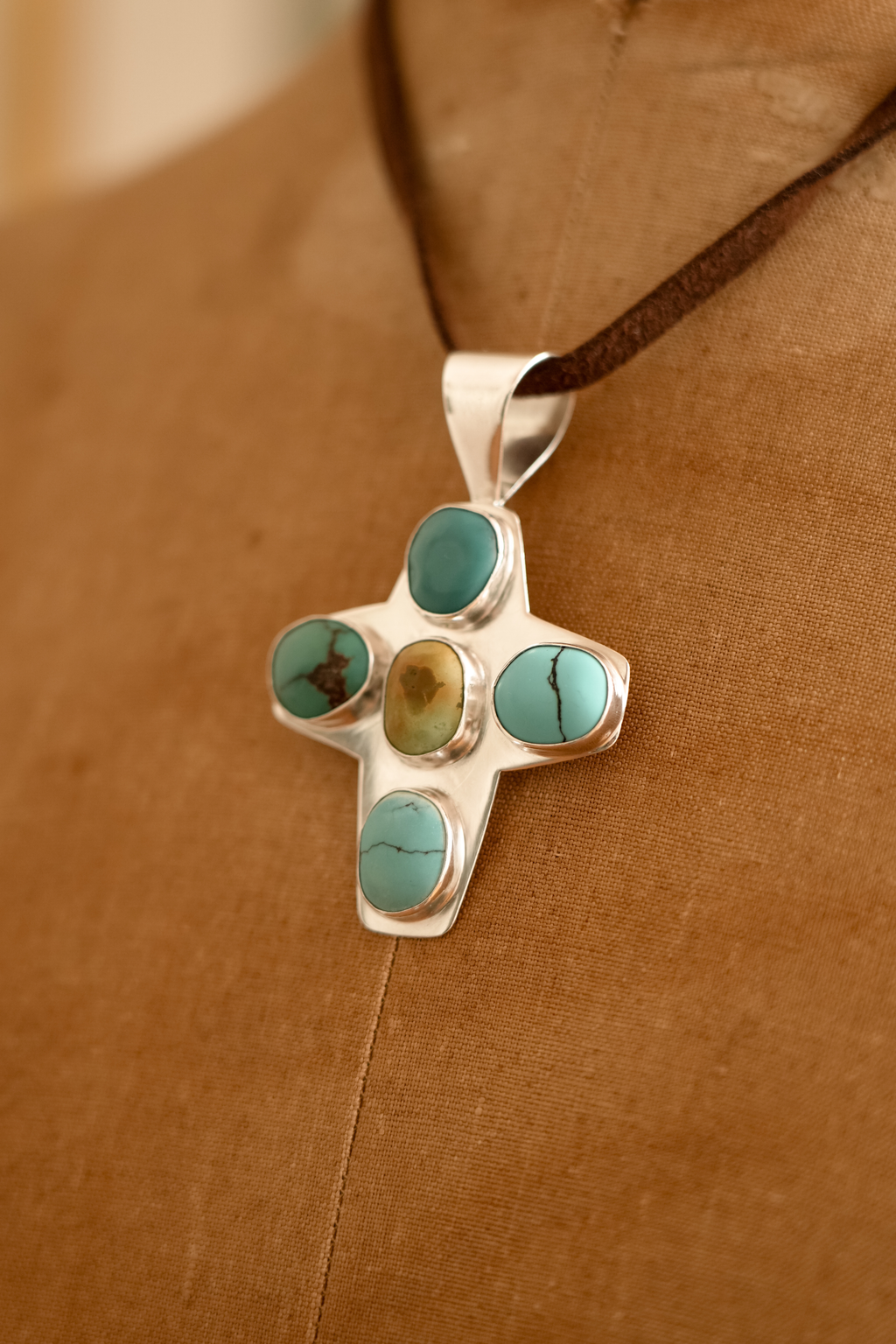 Natural Turquoise-Set Sterling Silver Cross Pendant Necklace