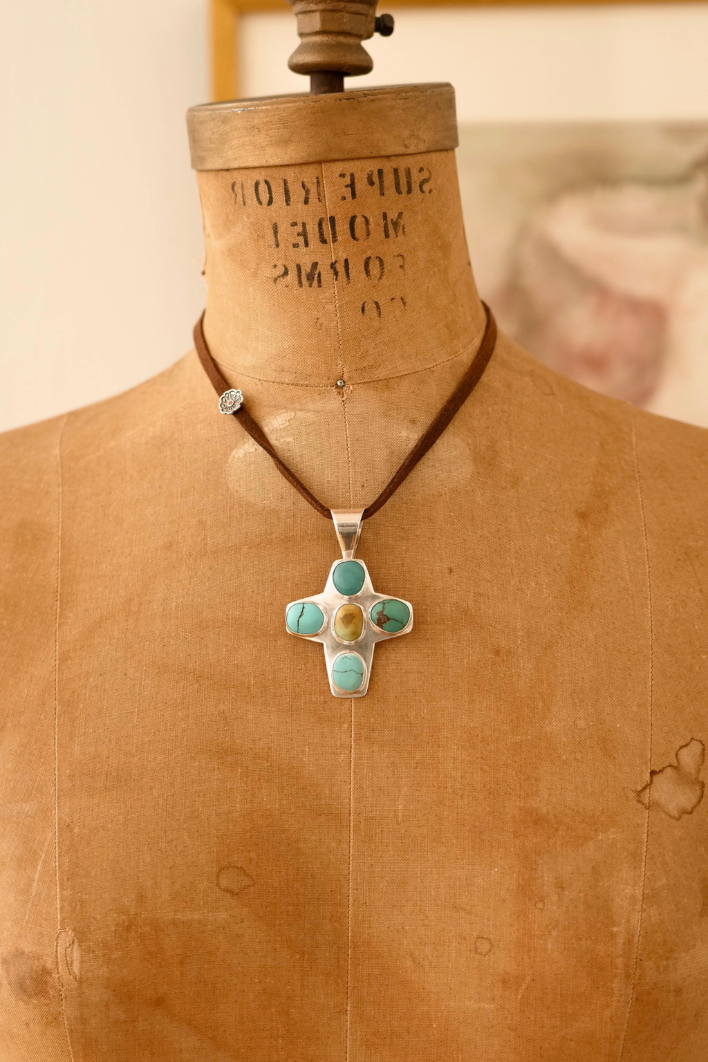 Natural Turquoise-Set Sterling Silver Cross Pendant Necklace