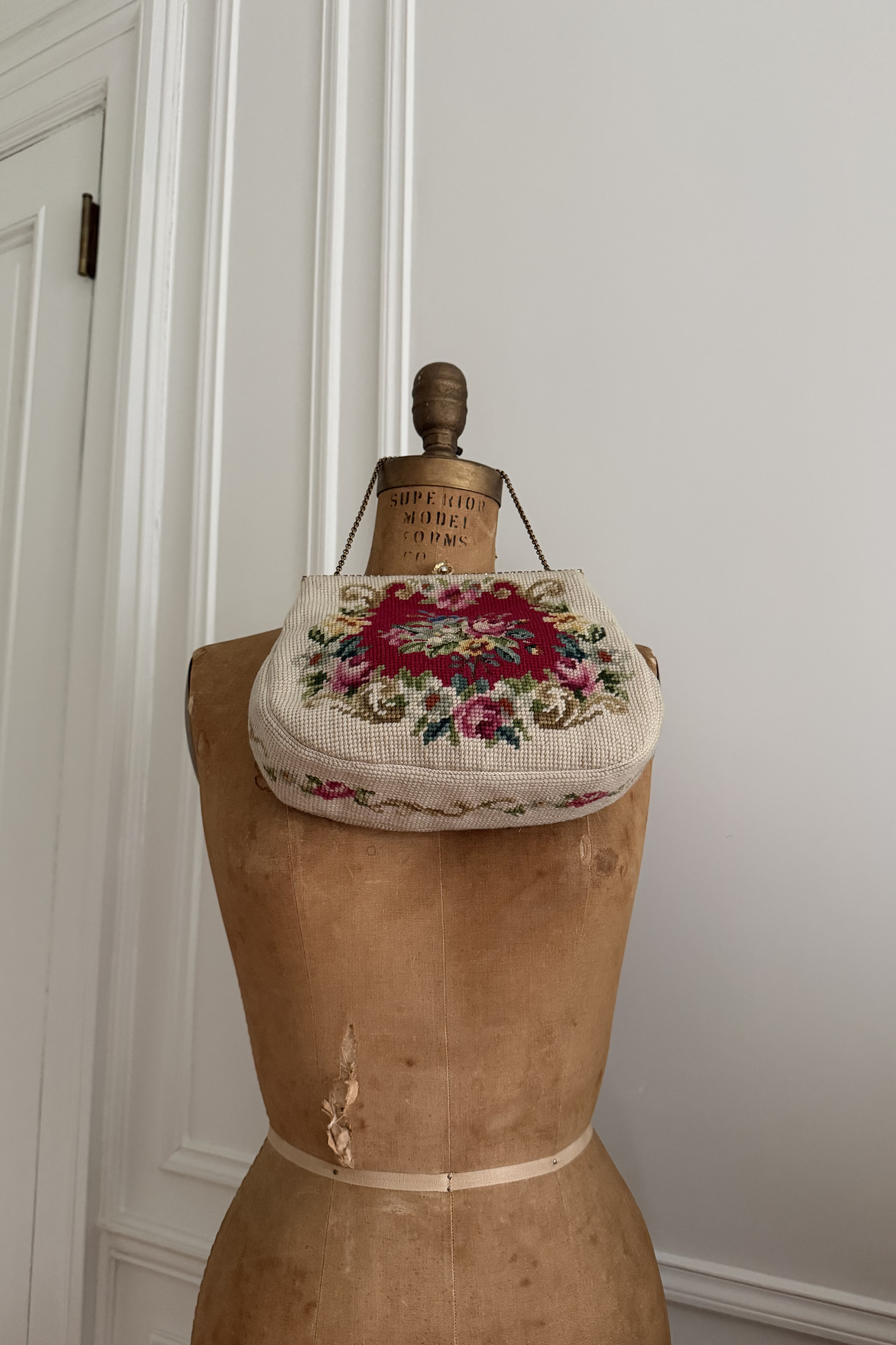 Gorgeous 1950s Red Medallion & Sage Satin Interior Needlepoint Purse | Christine Custom Bags Detroit