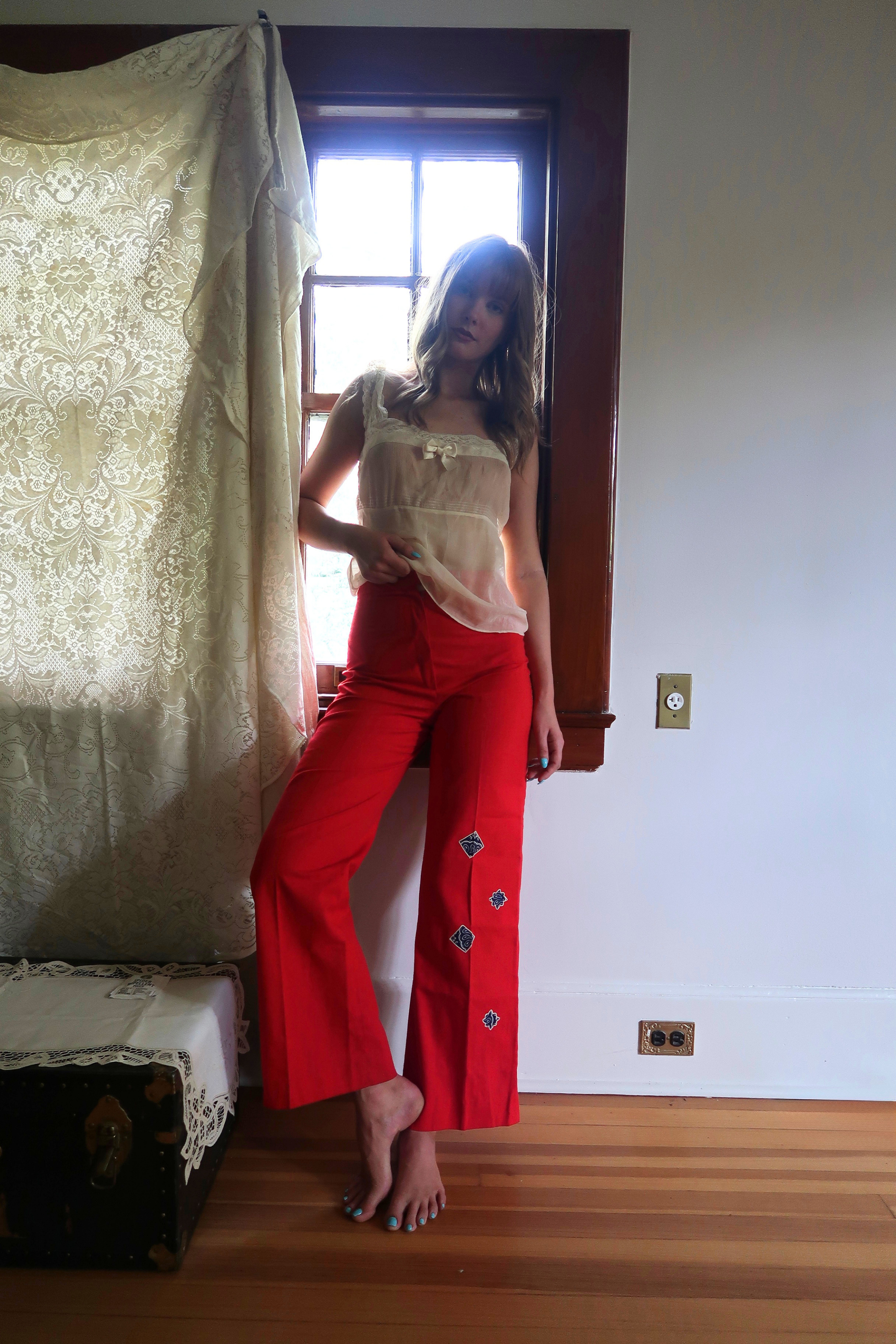 1970s Red High-Waisted Wide-Leg Trousers with Blue Bandana Patches | ILGWU Made (26/27)