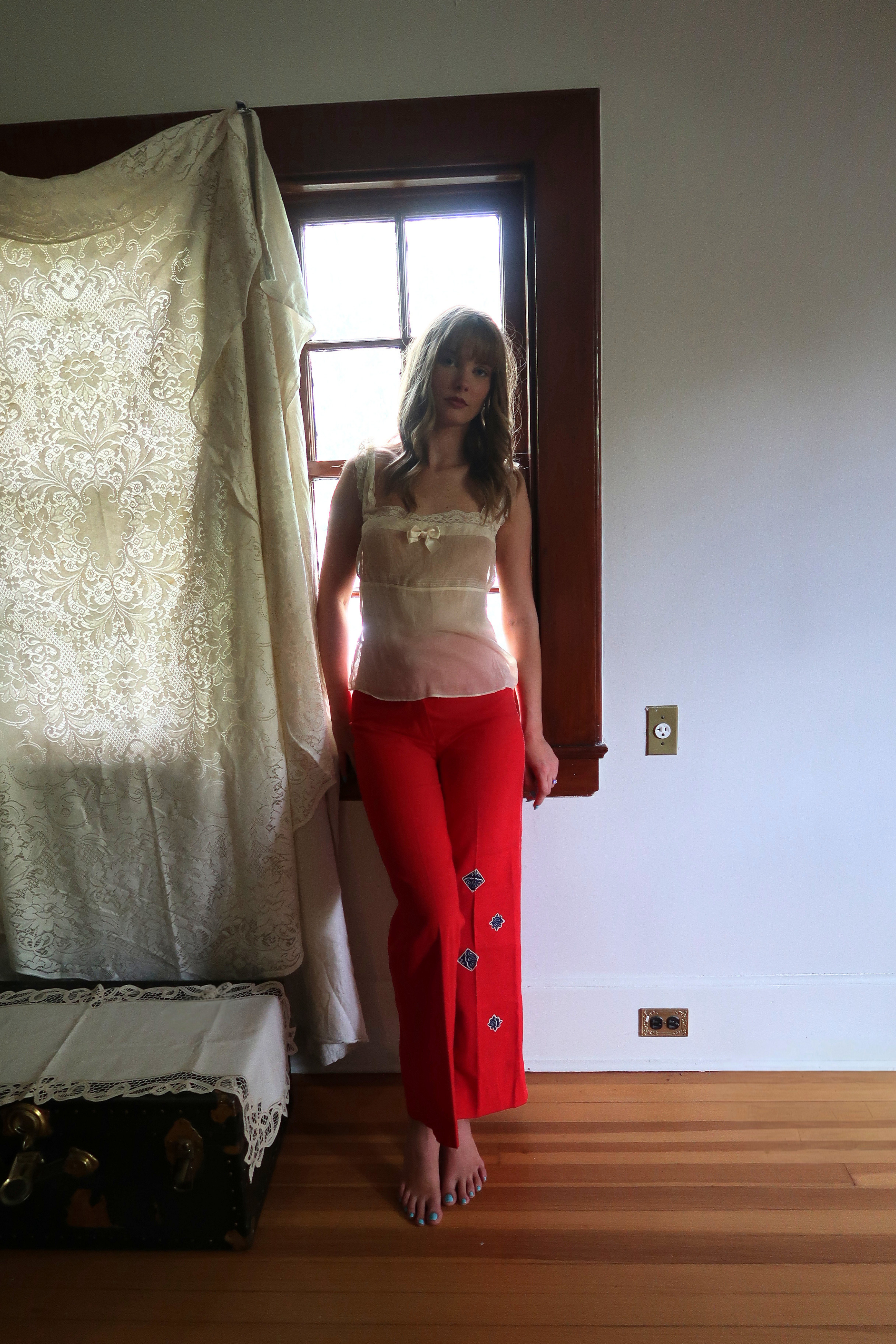 1970s Red High-Waisted Wide-Leg Trousers with Blue Bandana Patches | ILGWU Made (26/27)