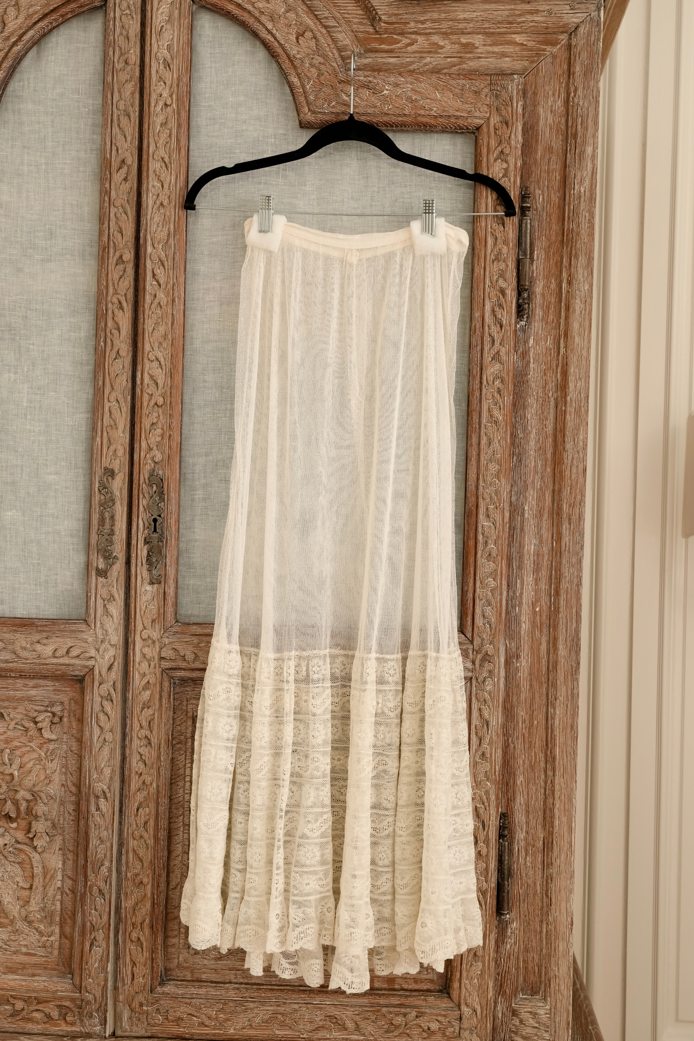 Vintage Edwardian Embroidered Net Lace Skirt | Ivory (XS-S)