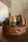 Vintage Western tooled leather belt with engraved bucking bronco cowboy buckle