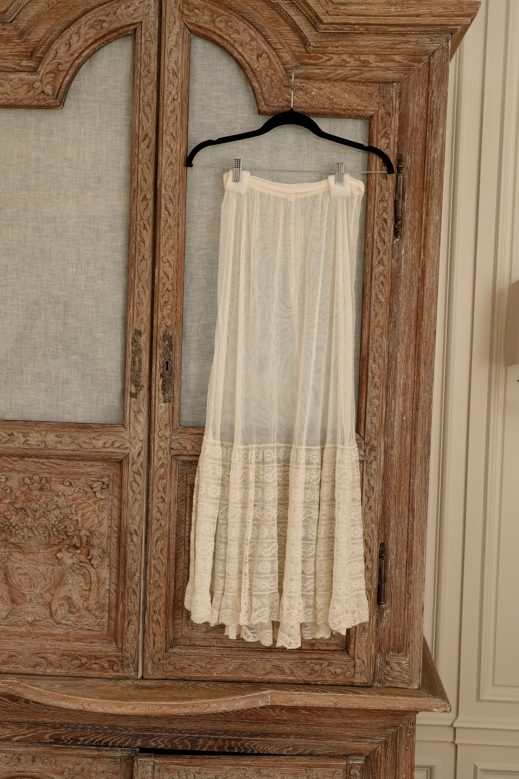 Vintage Edwardian Embroidered Net Lace Skirt | Ivory (XS-S)