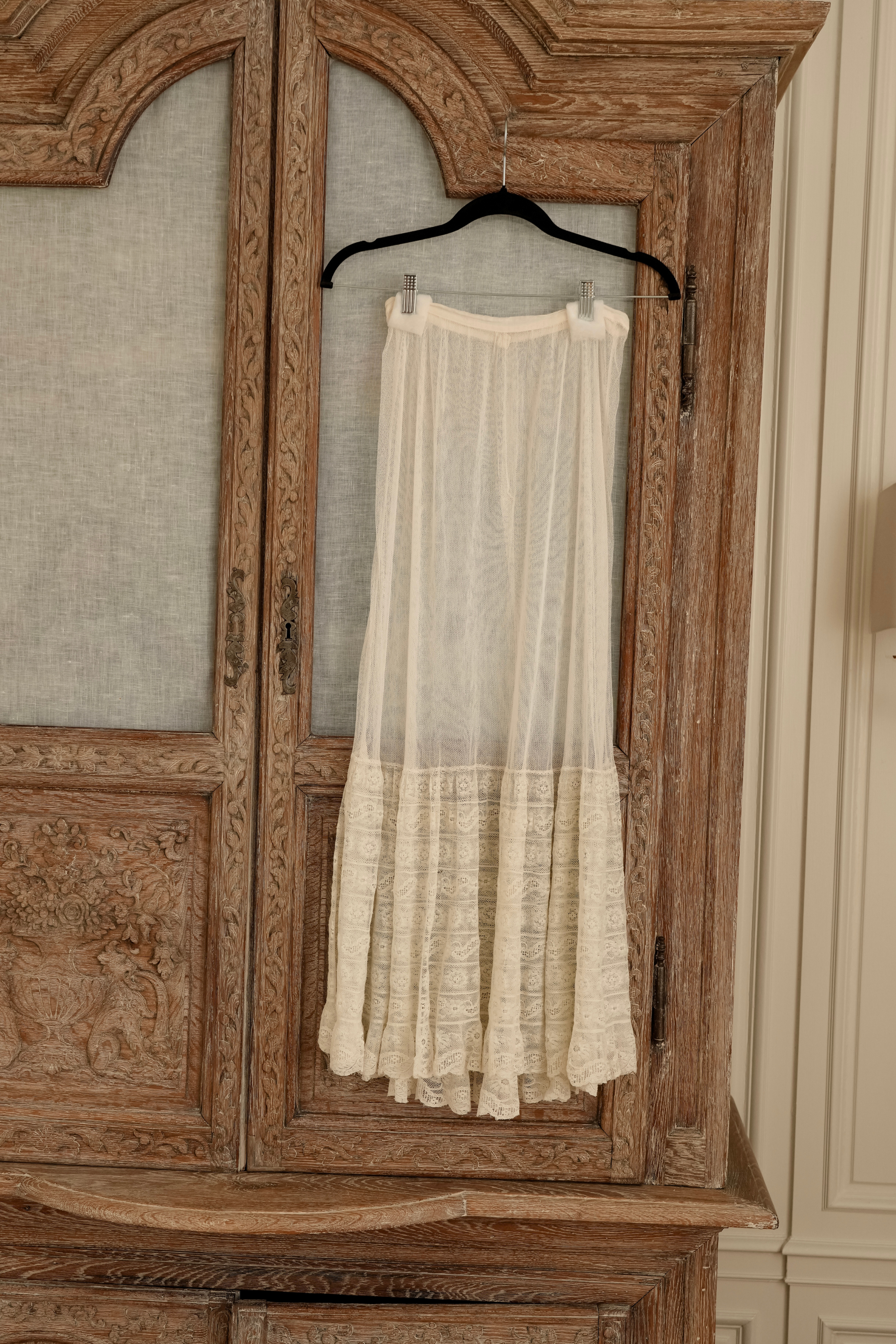 Vintage Edwardian Embroidered Net Lace Skirt | Ivory (XS-S)