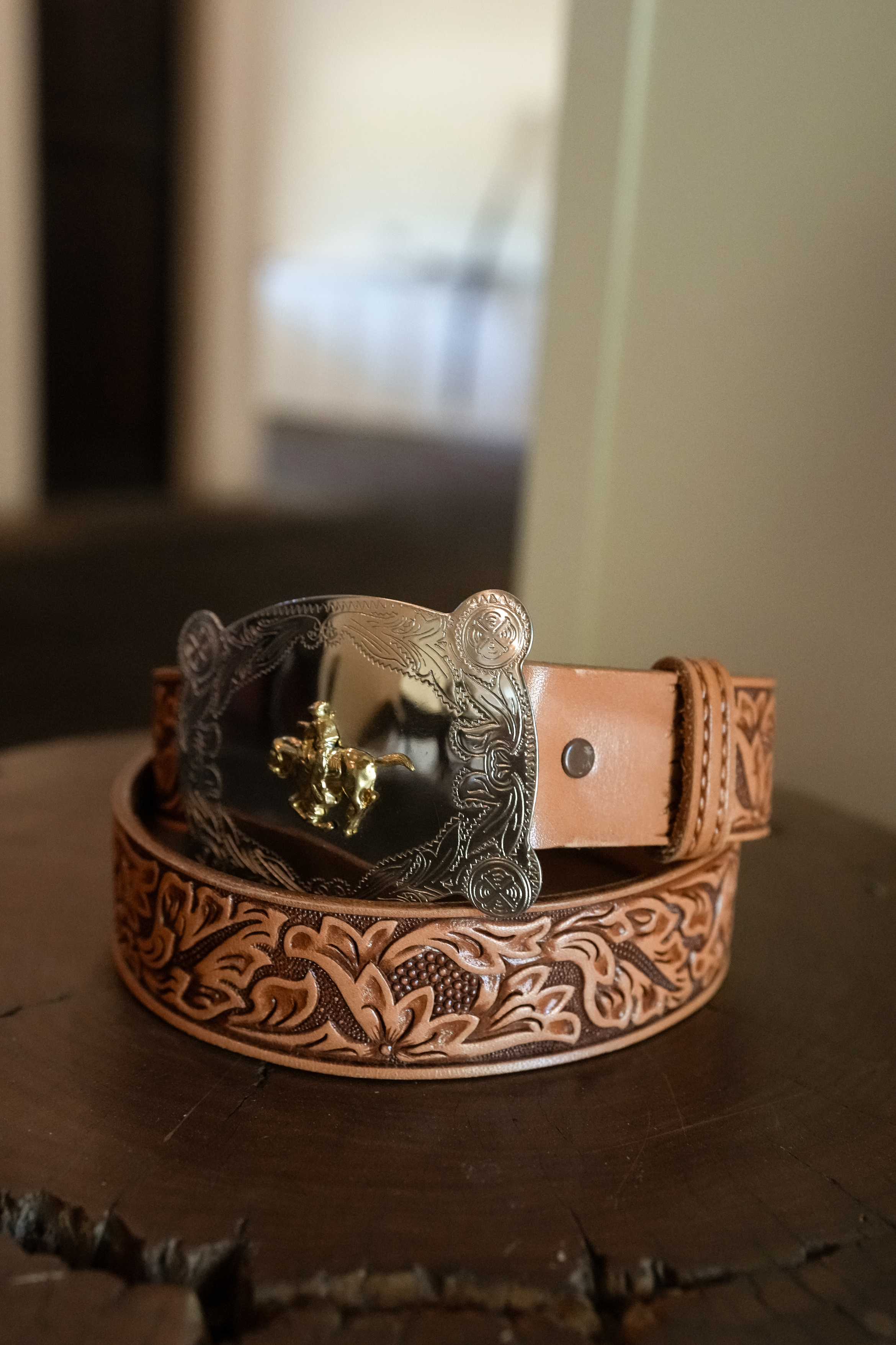 Outlaw Rodeo Belt | Western Engraved Cowboy Buckle & Hand-Tooled Leather Belt