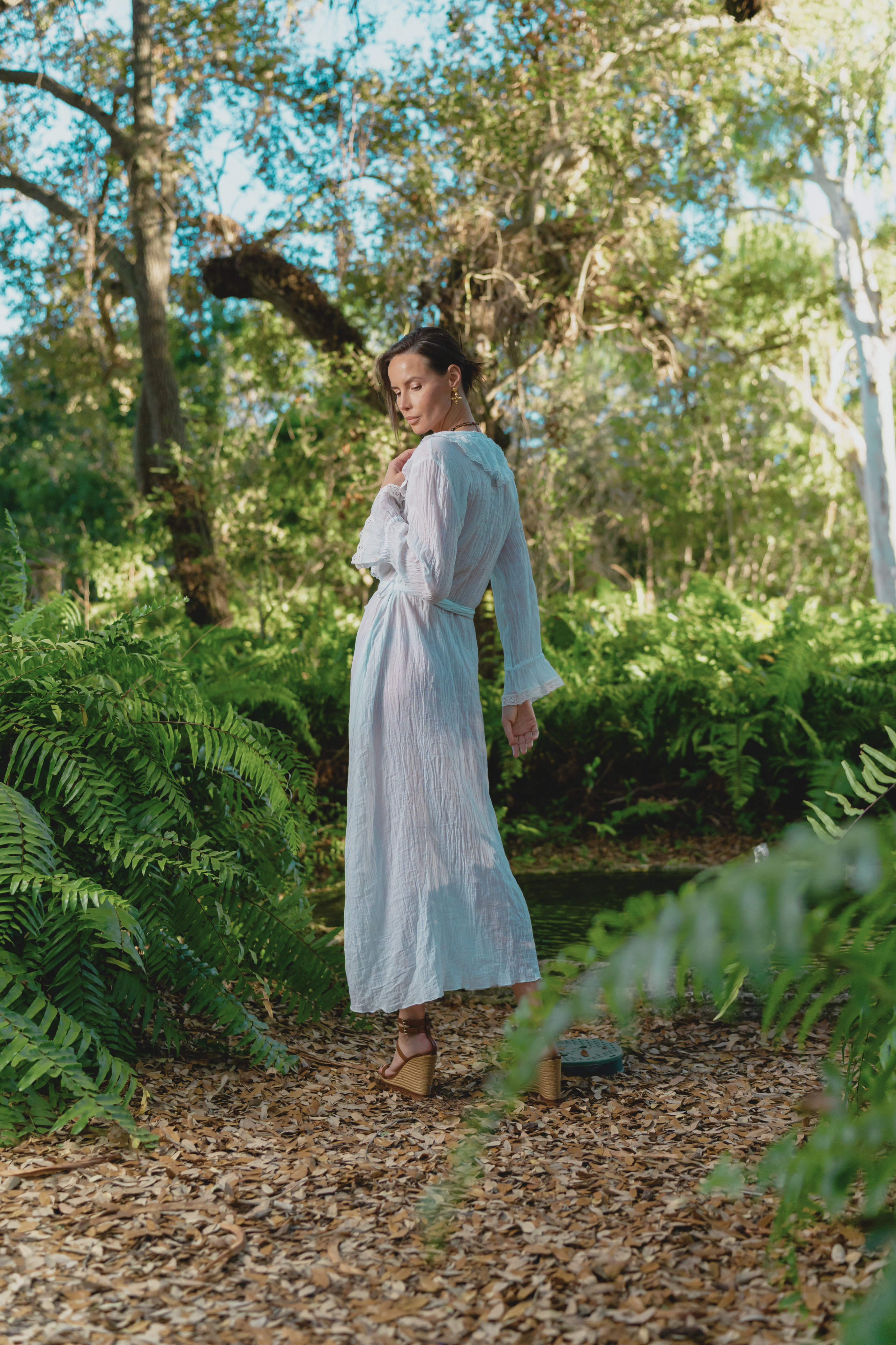 Vintage 90s Sheer Cotton Lace Ruffle Robe Dress in Soft Blue (M-L)