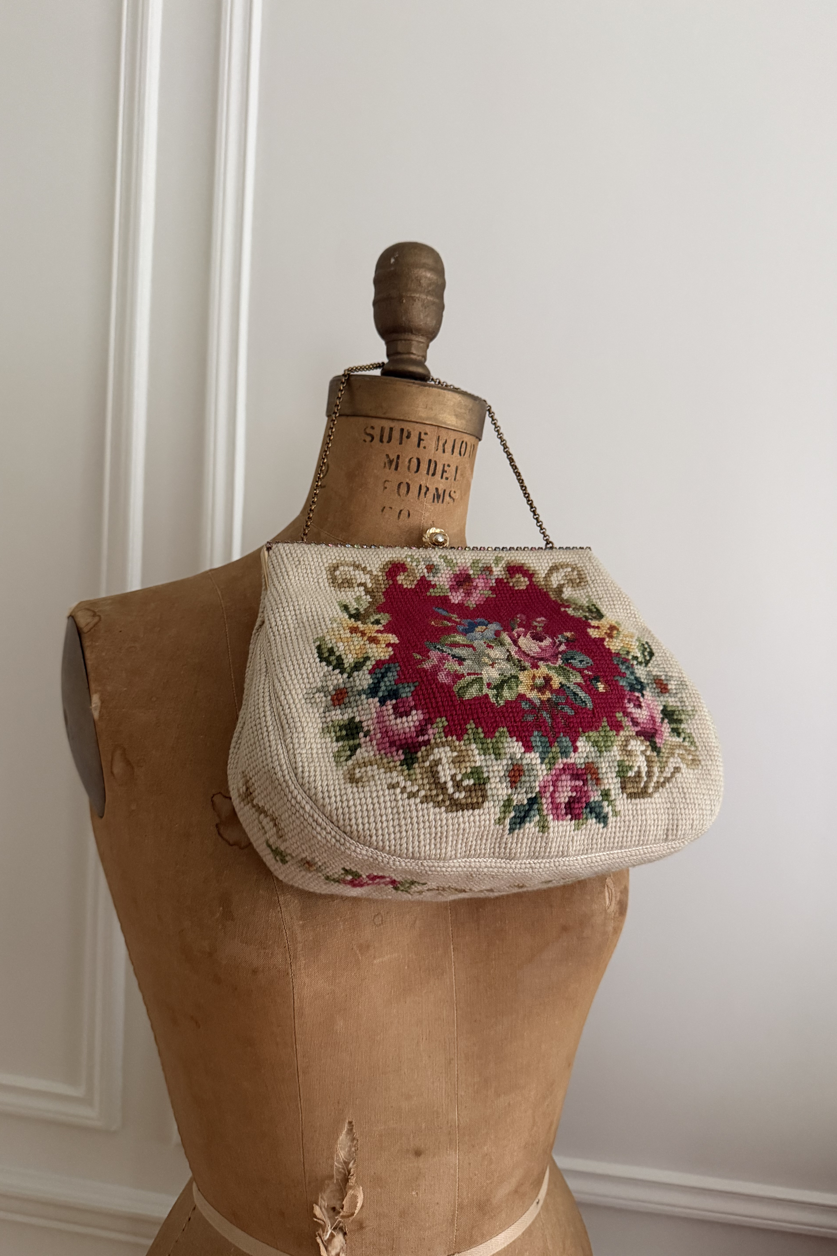 Gorgeous 1950s Red Medallion & Sage Satin Interior Needlepoint Purse | Christine Custom Bags Detroit