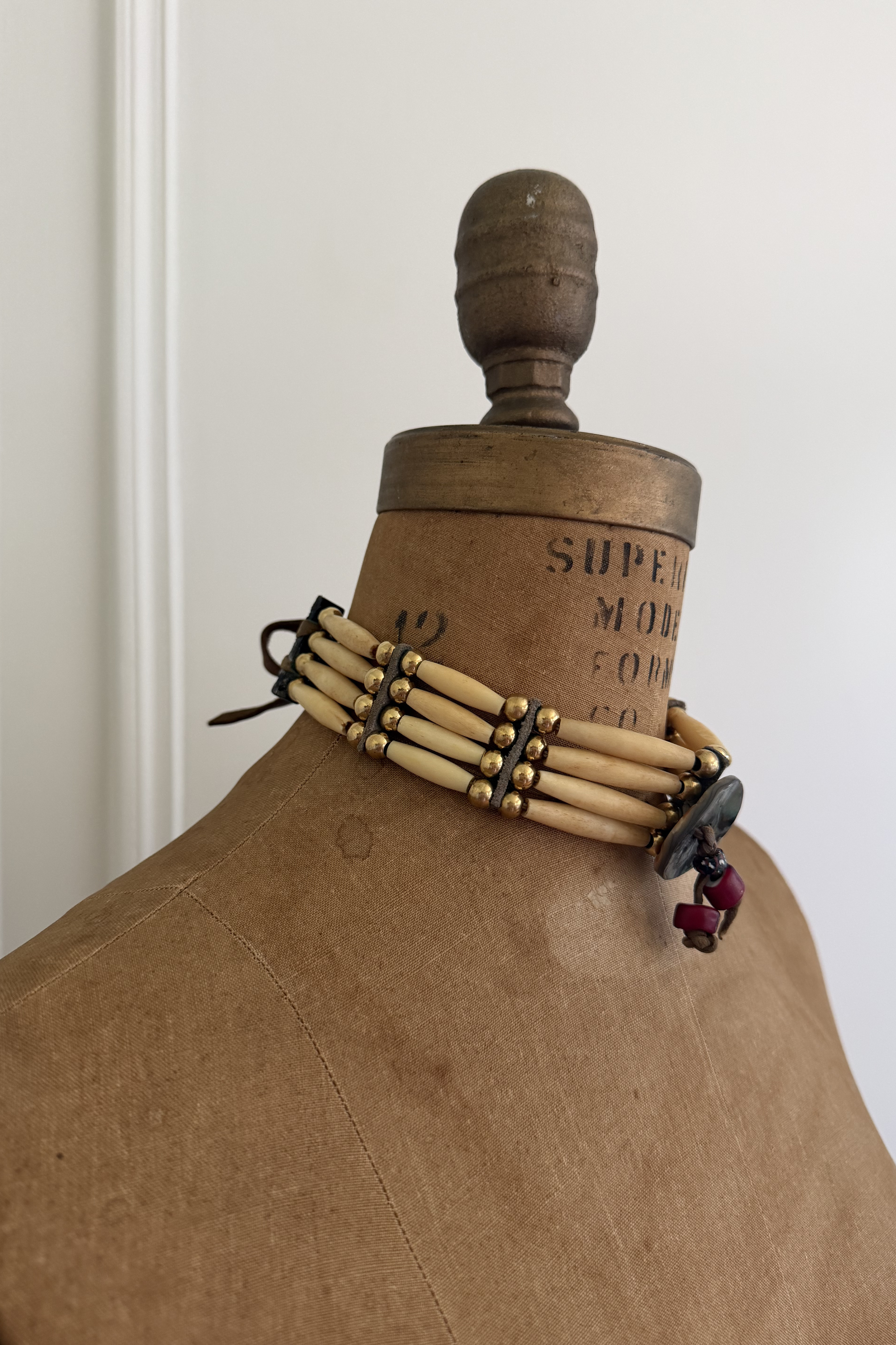 Vintage Native American 4-Row Buffalo Bone Hairpipe Necklace with Heavy Solid Brass Beads | Professionally Refurbished & Restored