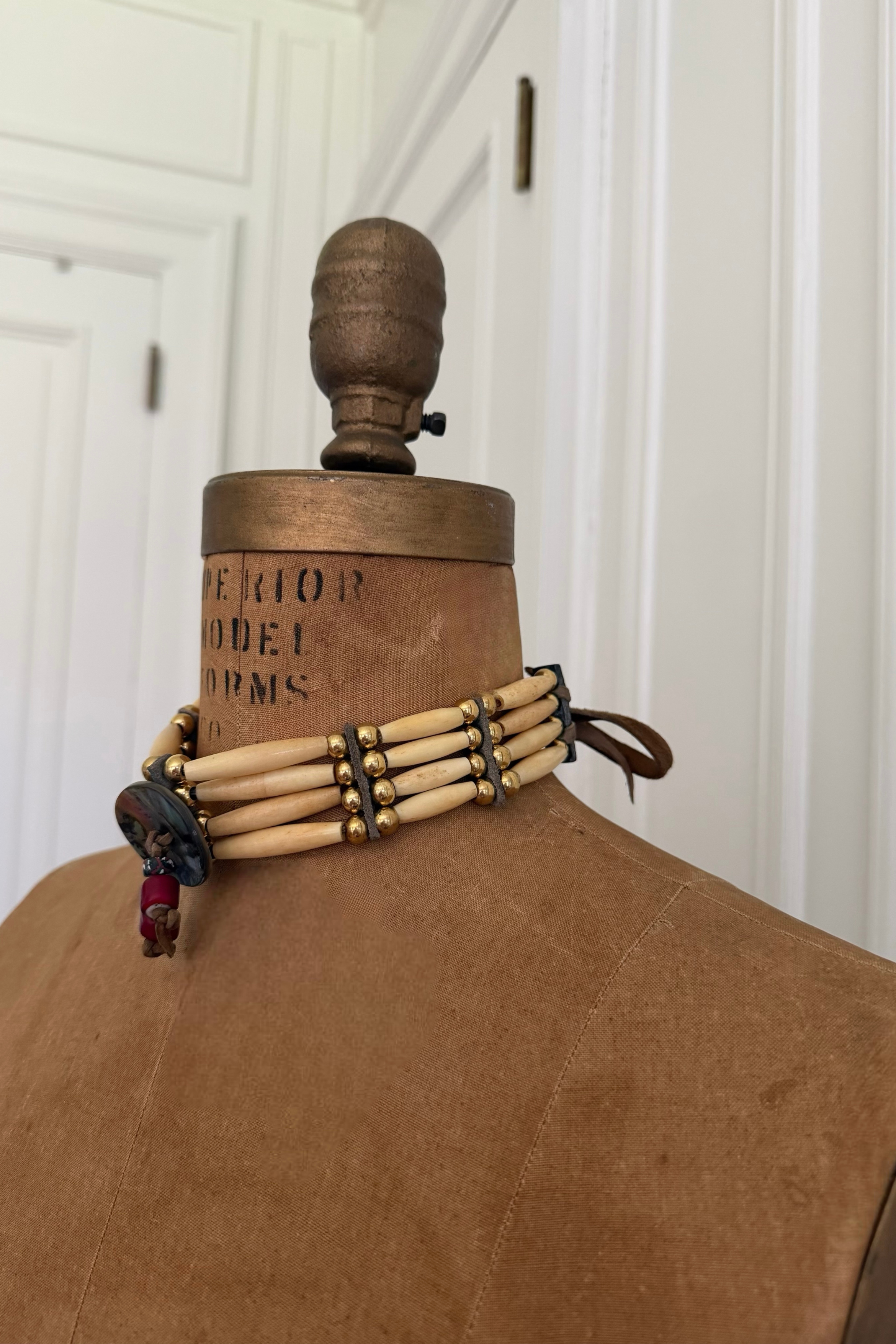 Vintage Native American 4-Row Buffalo Bone Hairpipe Necklace with Heavy Solid Brass Beads | Professionally Refurbished & Restored