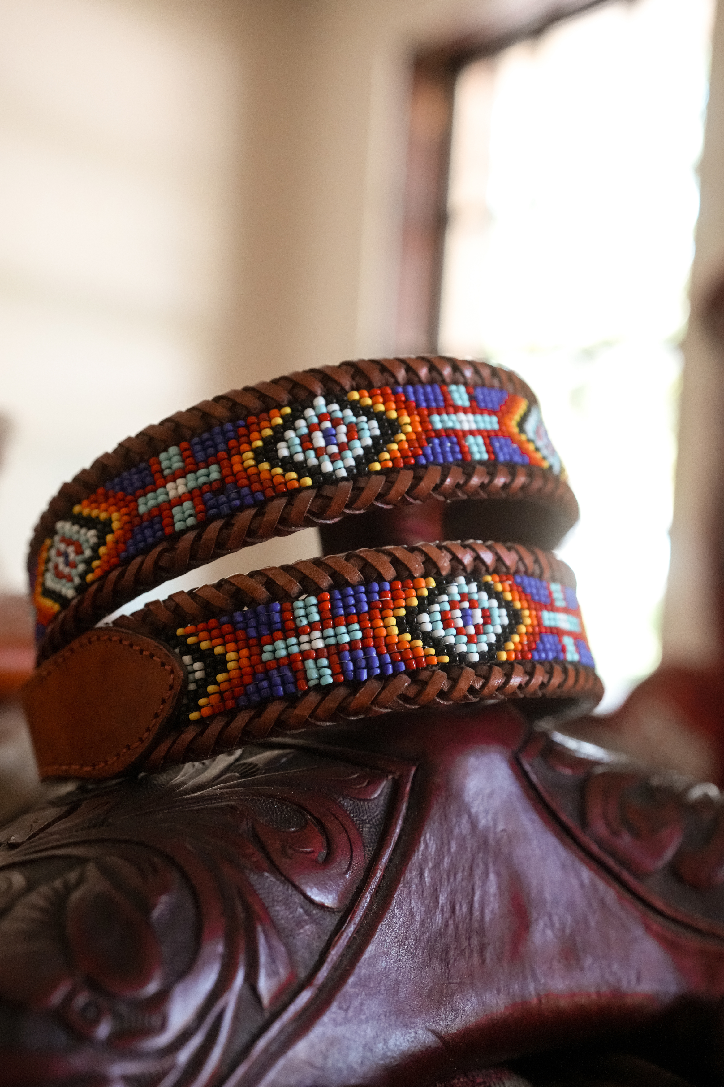 Southwestern Beaded Leather Belt |Tan Braided Western Belt
