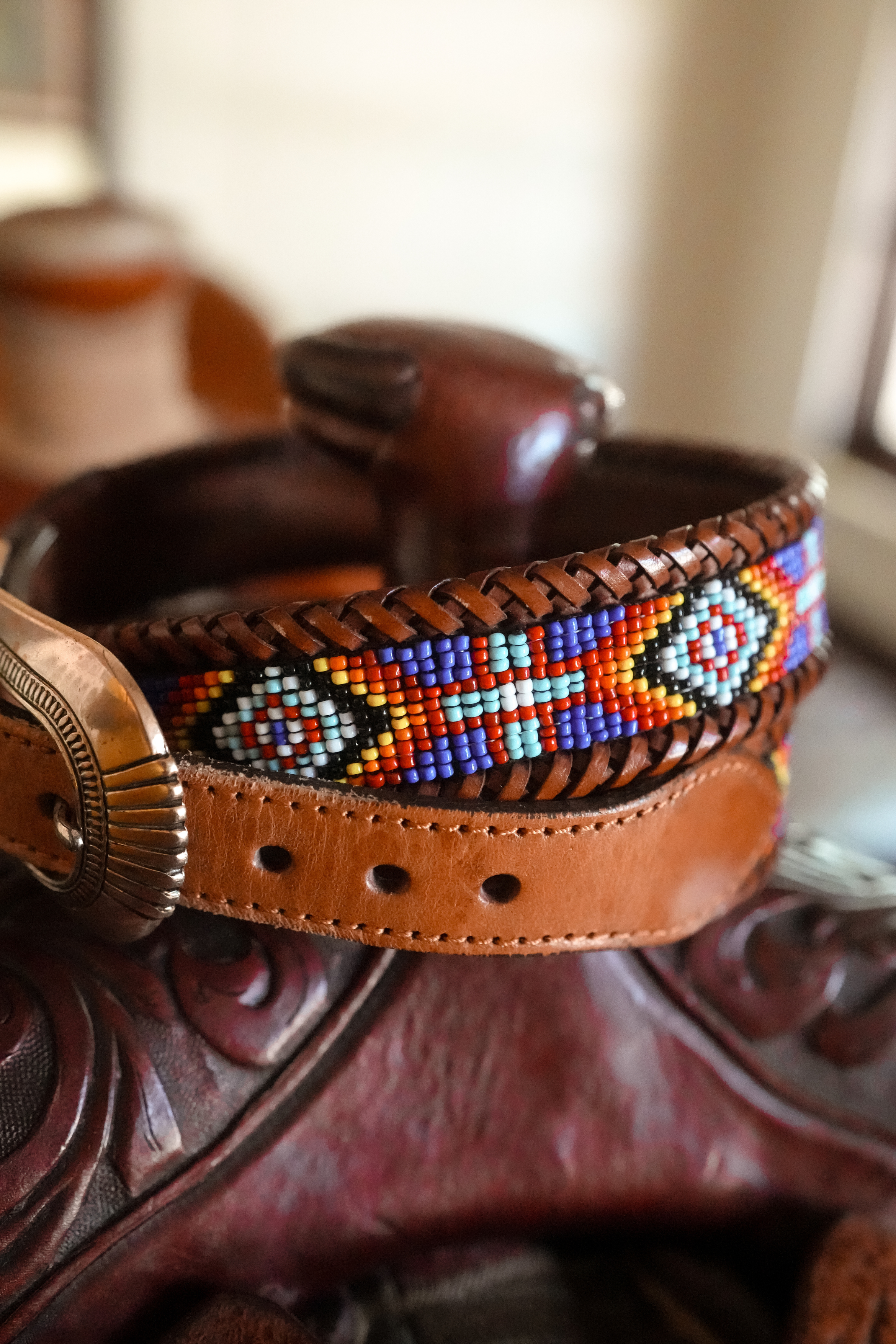 Southwestern Beaded Leather Belt |Tan Braided Western Belt