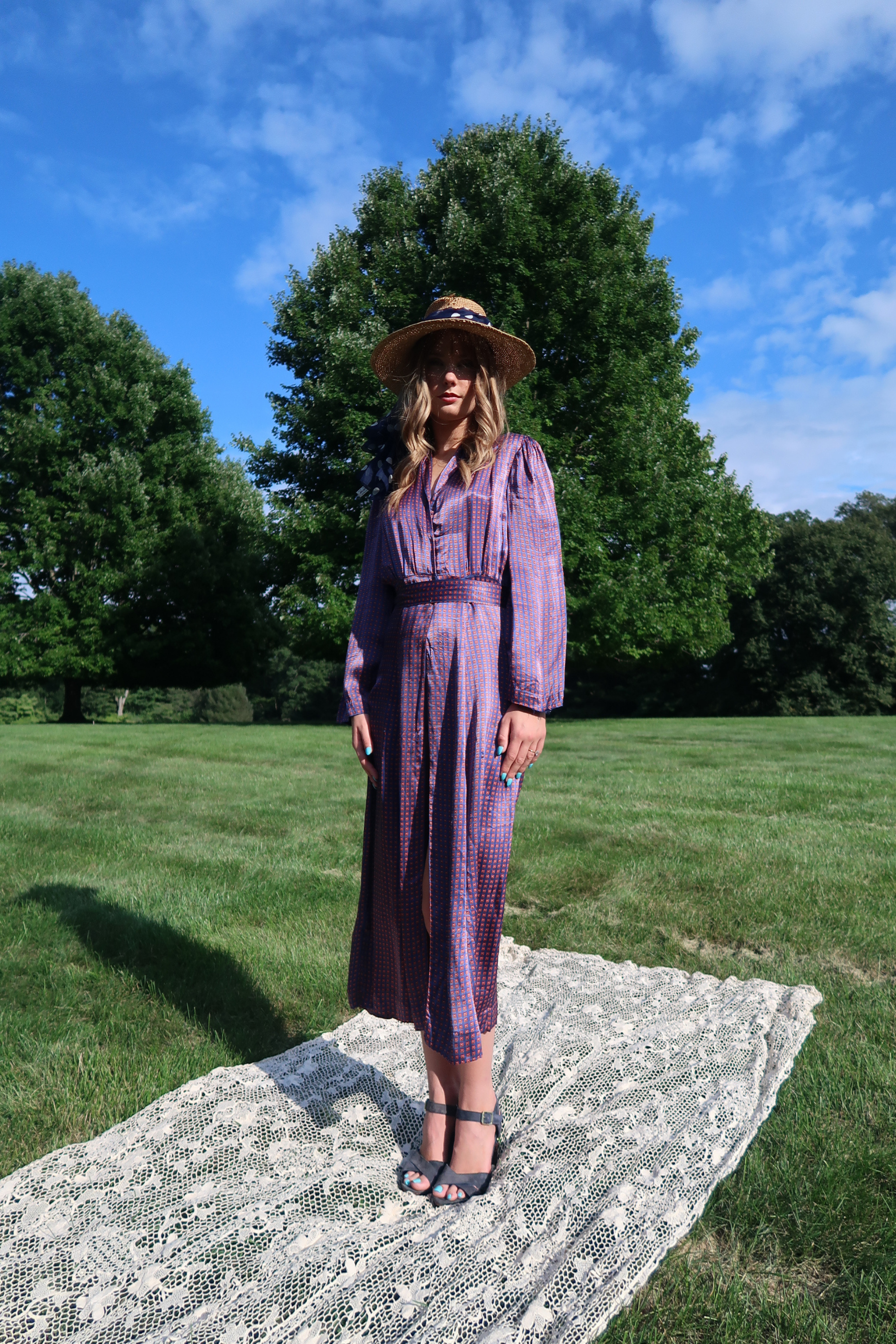Vintage Italian Silk Handmade Shirtwaist Maxi Dress | Blue & Red Pattern (XS-M)