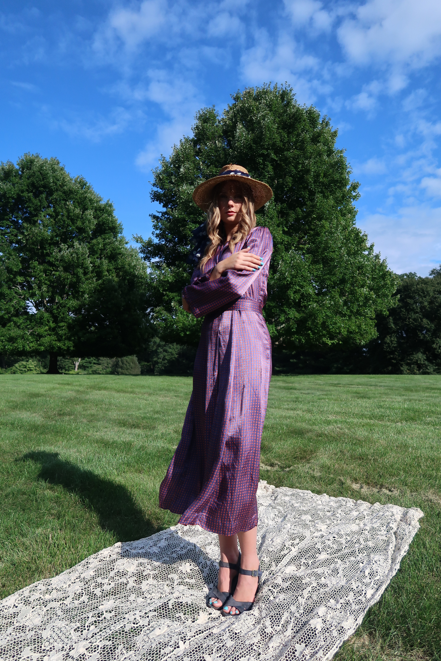 Vintage Italian Silk Handmade Shirtwaist Maxi Dress | Blue & Red Pattern (XS-M)