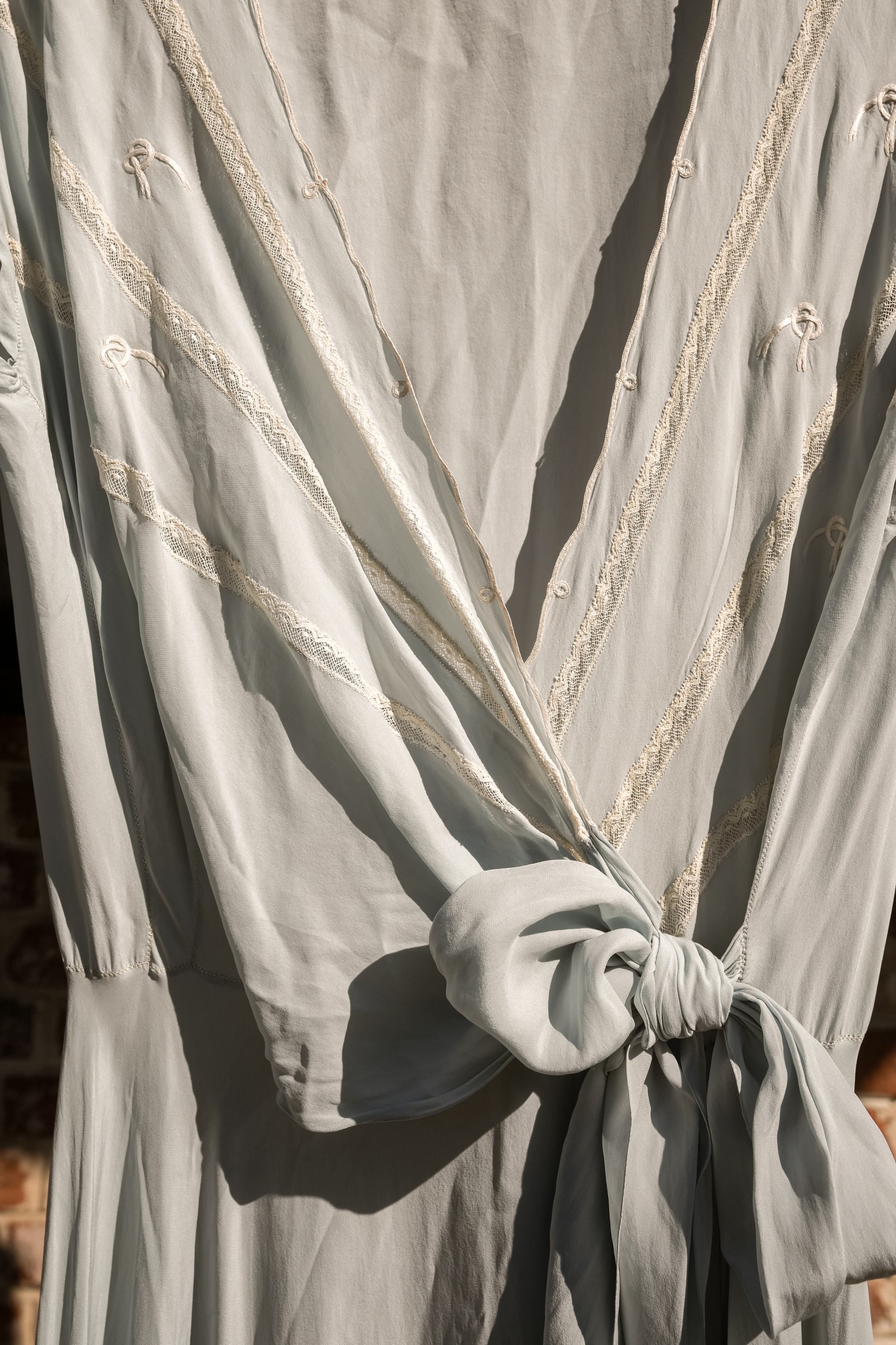 1930s Embroidered Blue Silk Crepe Gown