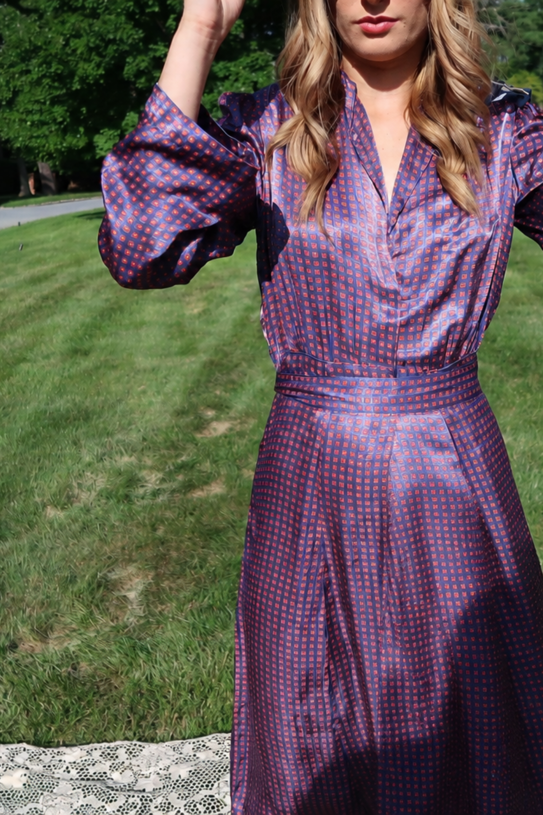 Vintage Italian Silk Handmade Shirtwaist Maxi Dress | Blue & Red Pattern (XS-M)
