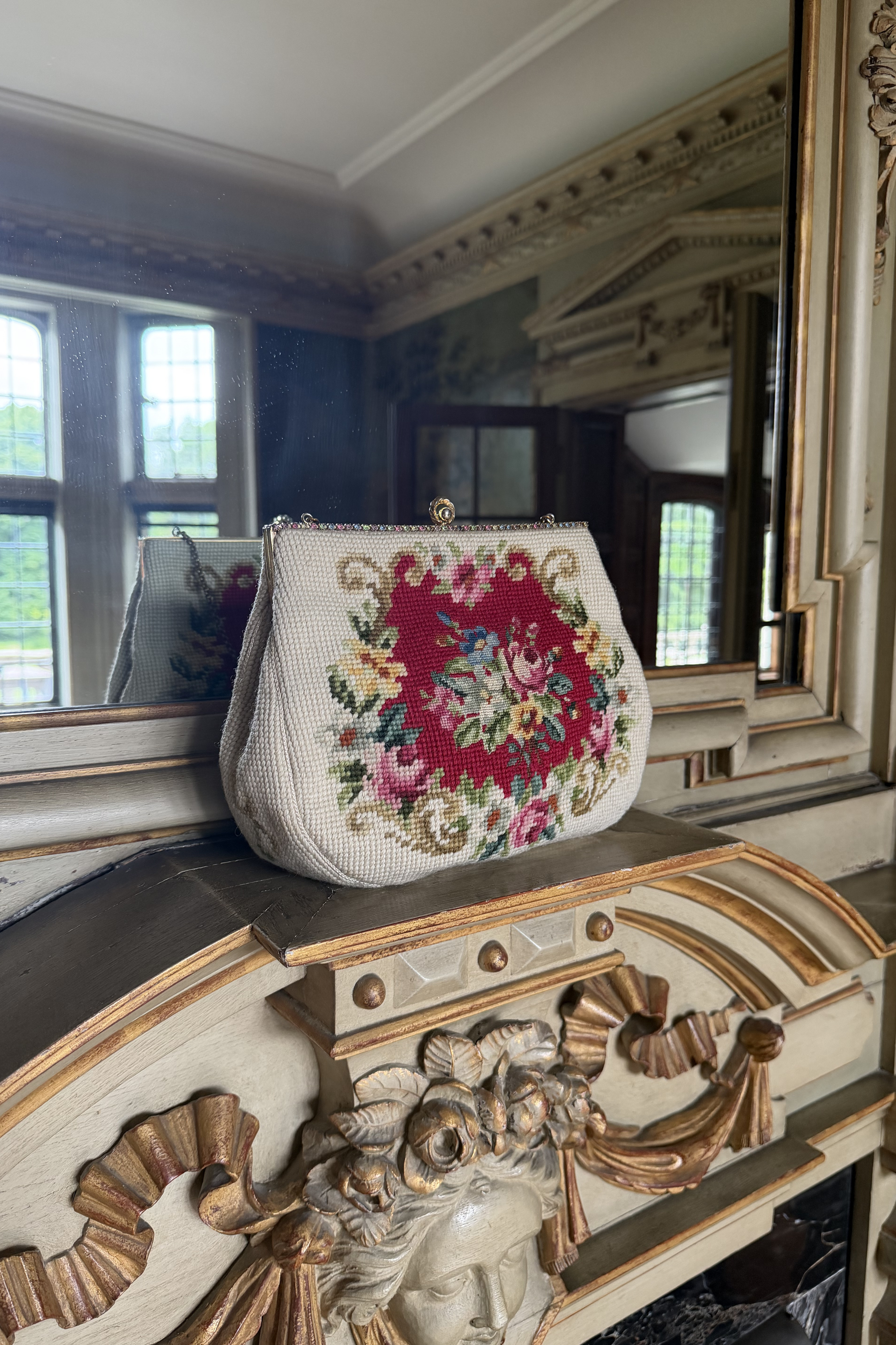 Gorgeous 1950s Red Medallion & Sage Satin Interior Needlepoint Purse | Christine Custom Bags Detroit