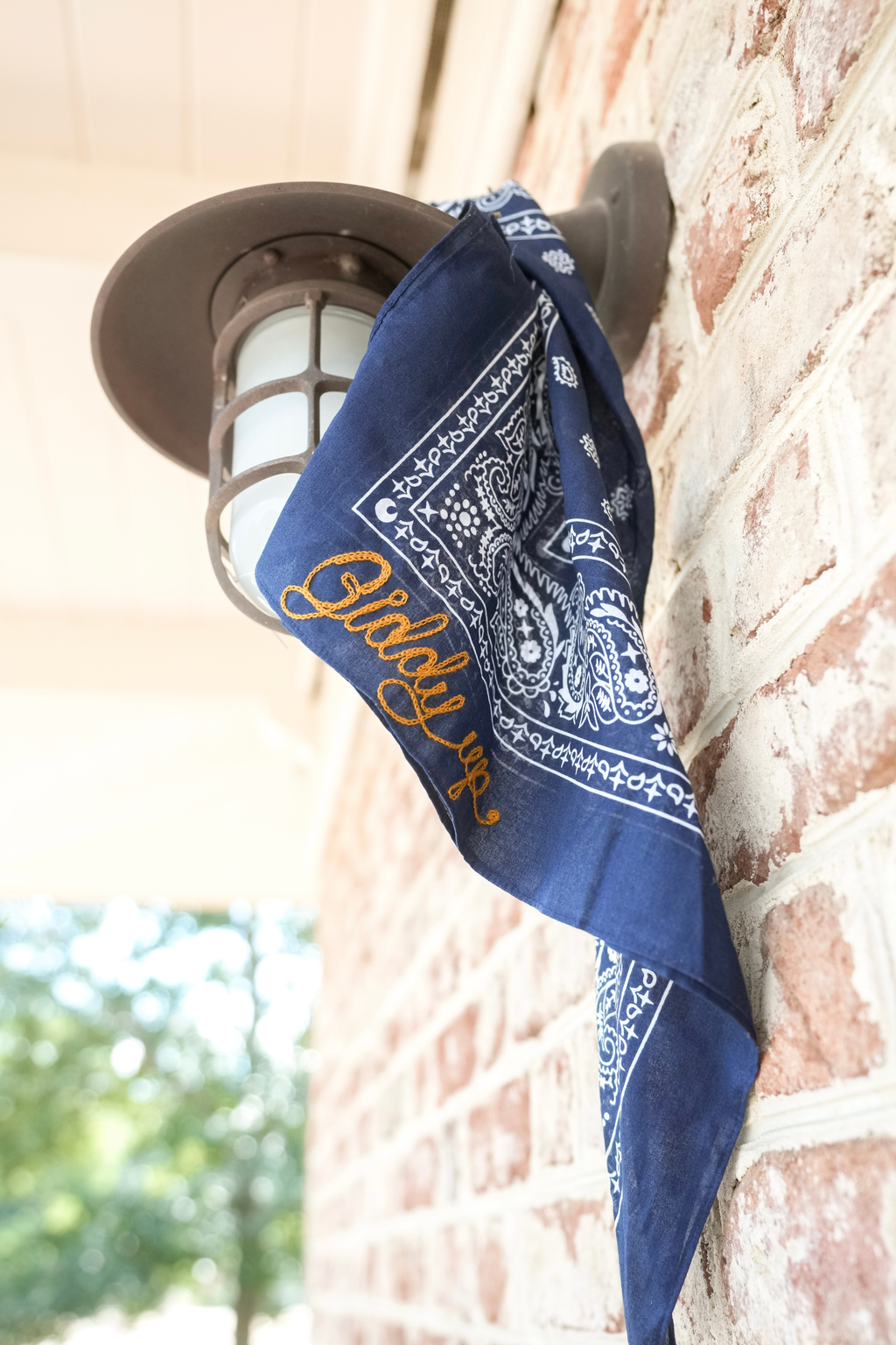 Navy Blue Paisley Bandana with "Giddy Up" Gold Script Embroidery | 100% Cotton