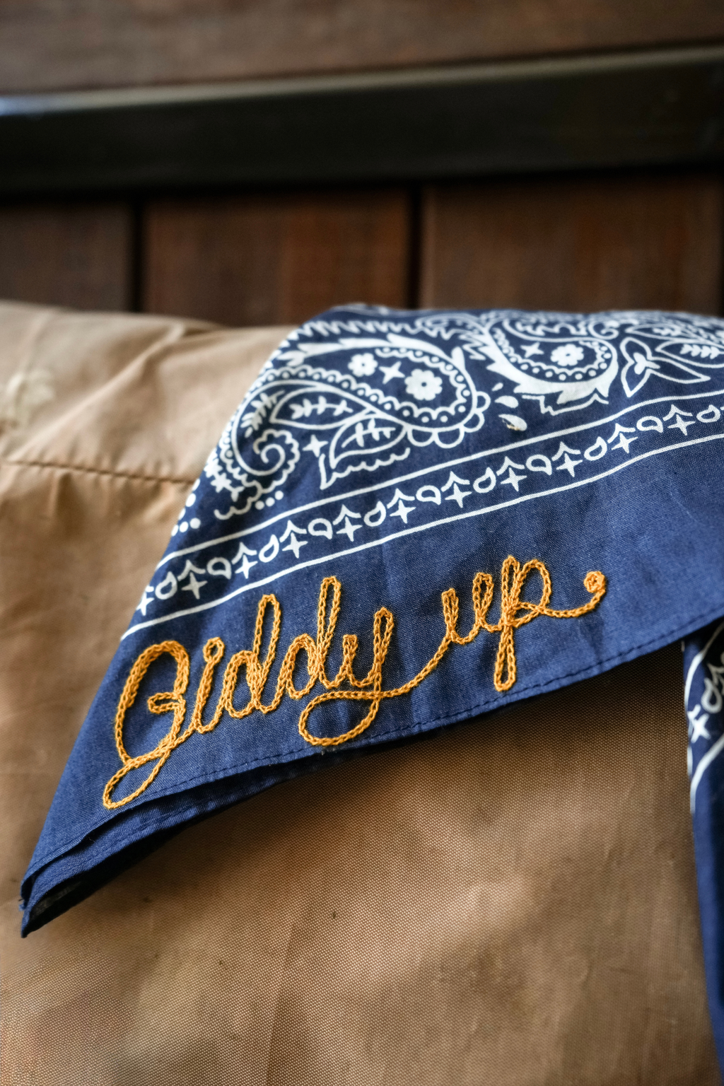 Navy Blue Paisley Bandana with "Giddy Up" Gold Script Embroidery | 100% Cotton