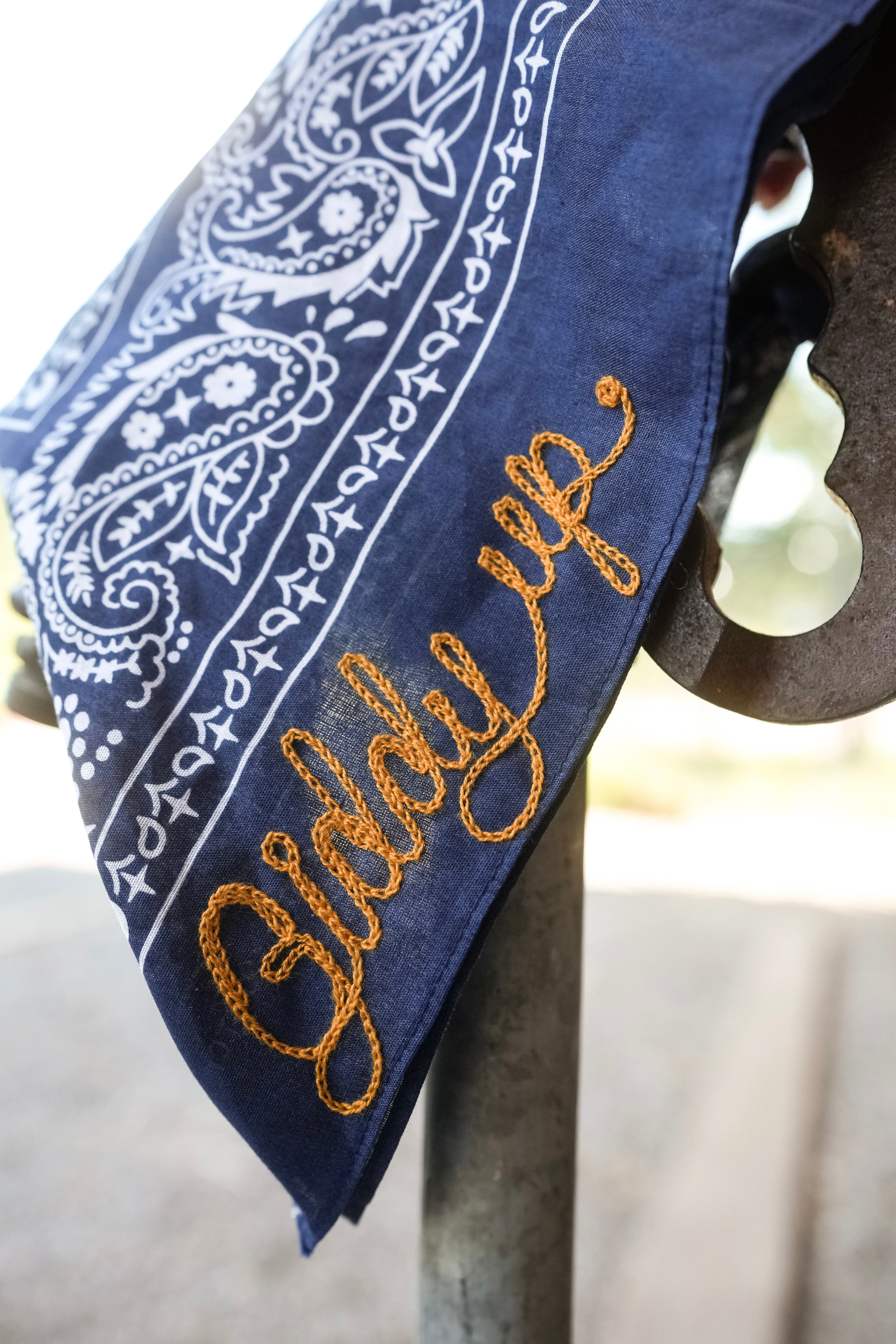 Navy Blue Paisley Bandana with "Giddy Up" Gold Script Embroidery | 100% Cotton
