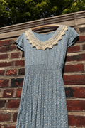 Vintage Blue Calico Floral Maxi Dress with Statement Lace Collar (M-L)