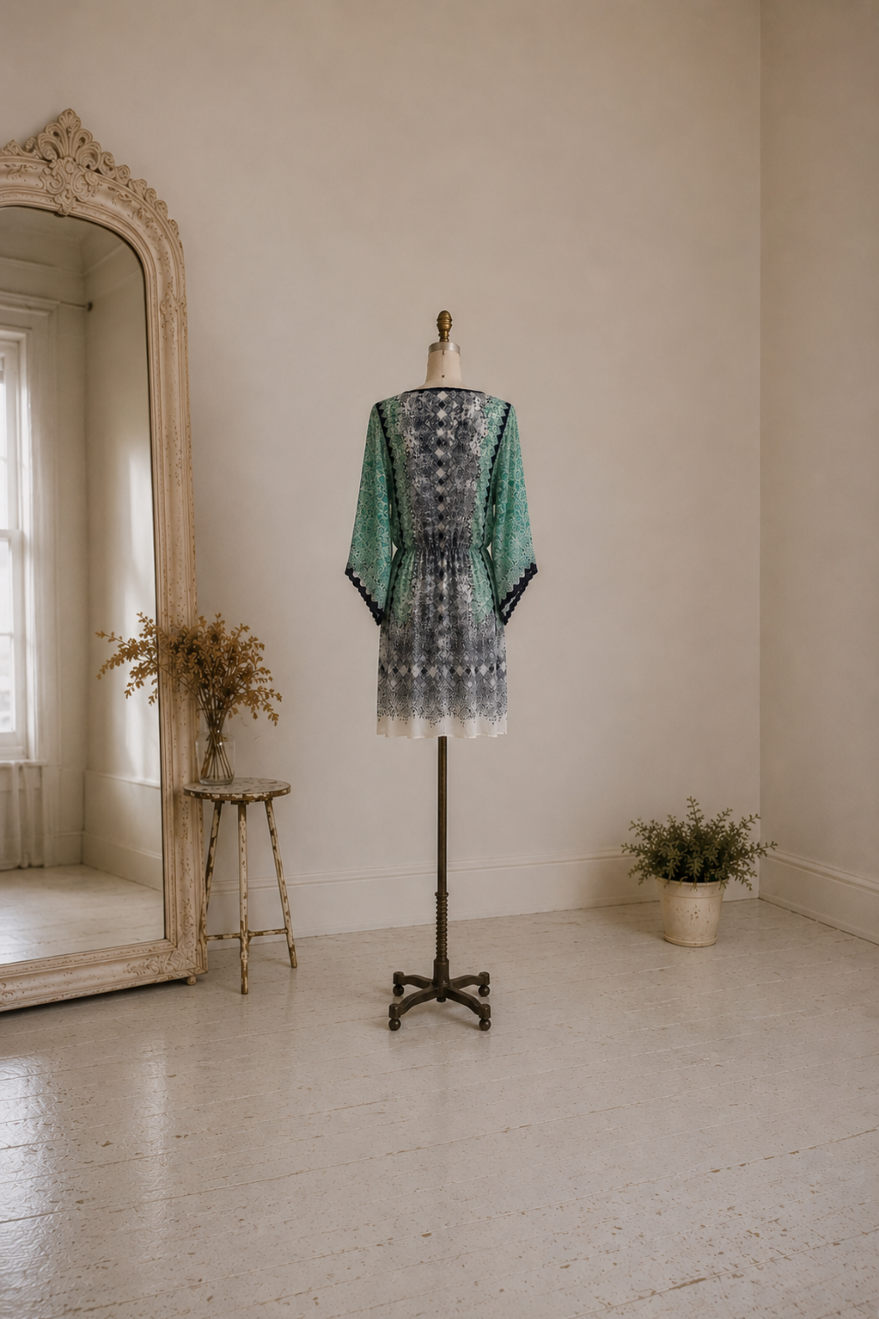 Vintage Calypso St. Barth Silk Printed Tassel Dress | Green Embroidered Boho Mini Dress (XS-M)