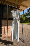 Antique blue silk gown with lace trimmed hem