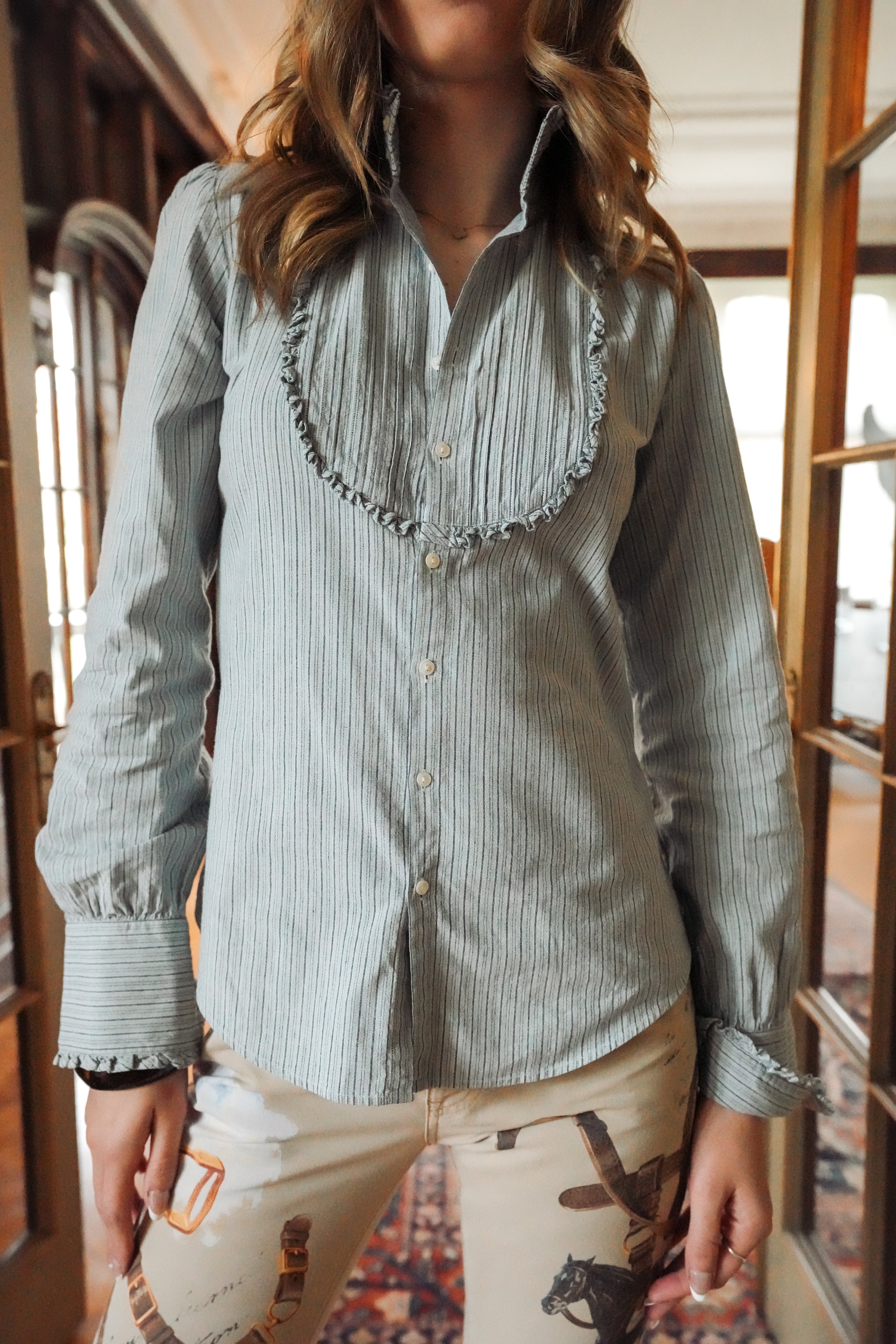 Vintage Ralph Lauren Light Denim Mock-Neck Blouse (XS-S)