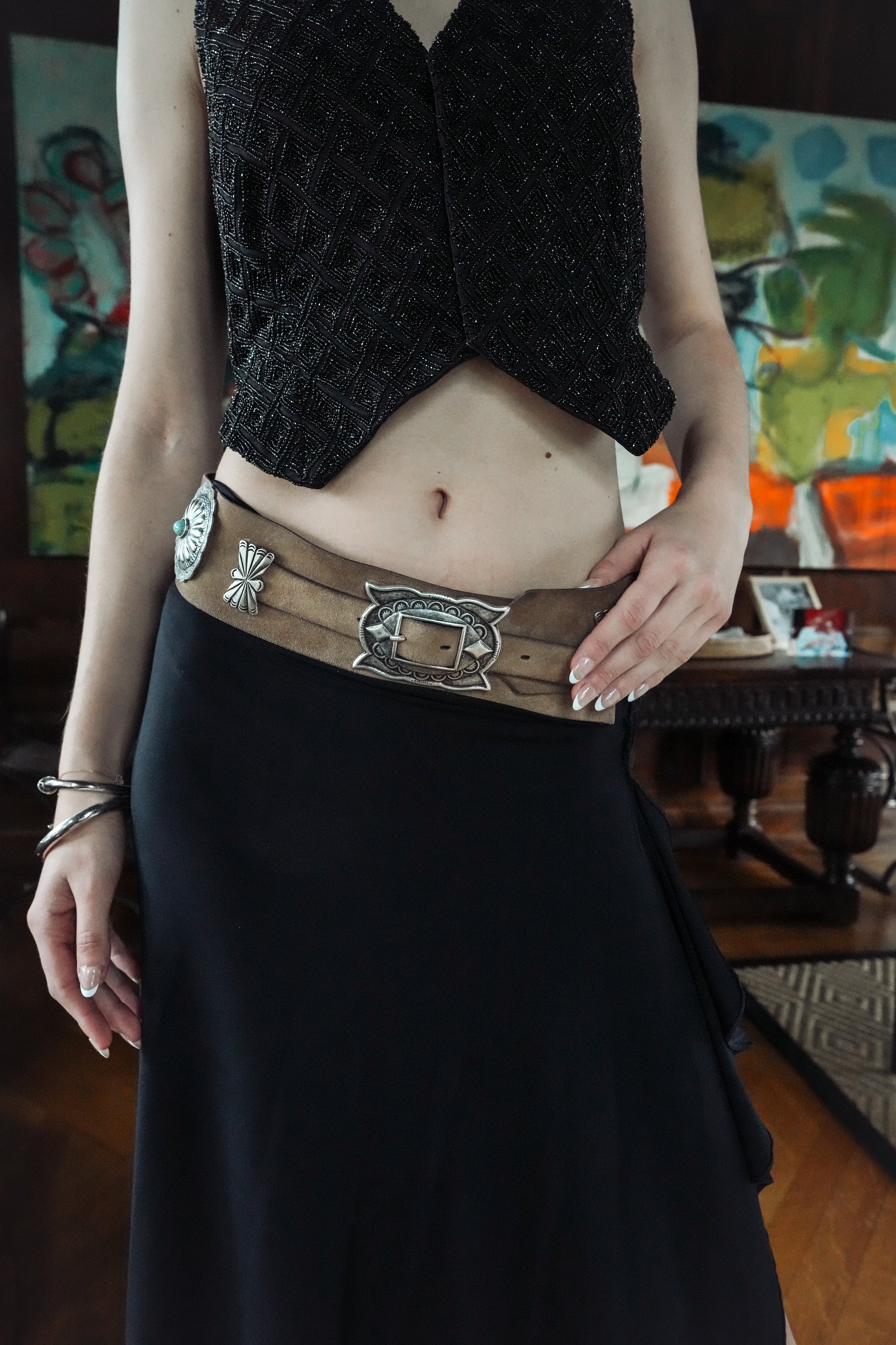 Suede Concho Belt with Silver Western Hardware (S-M)