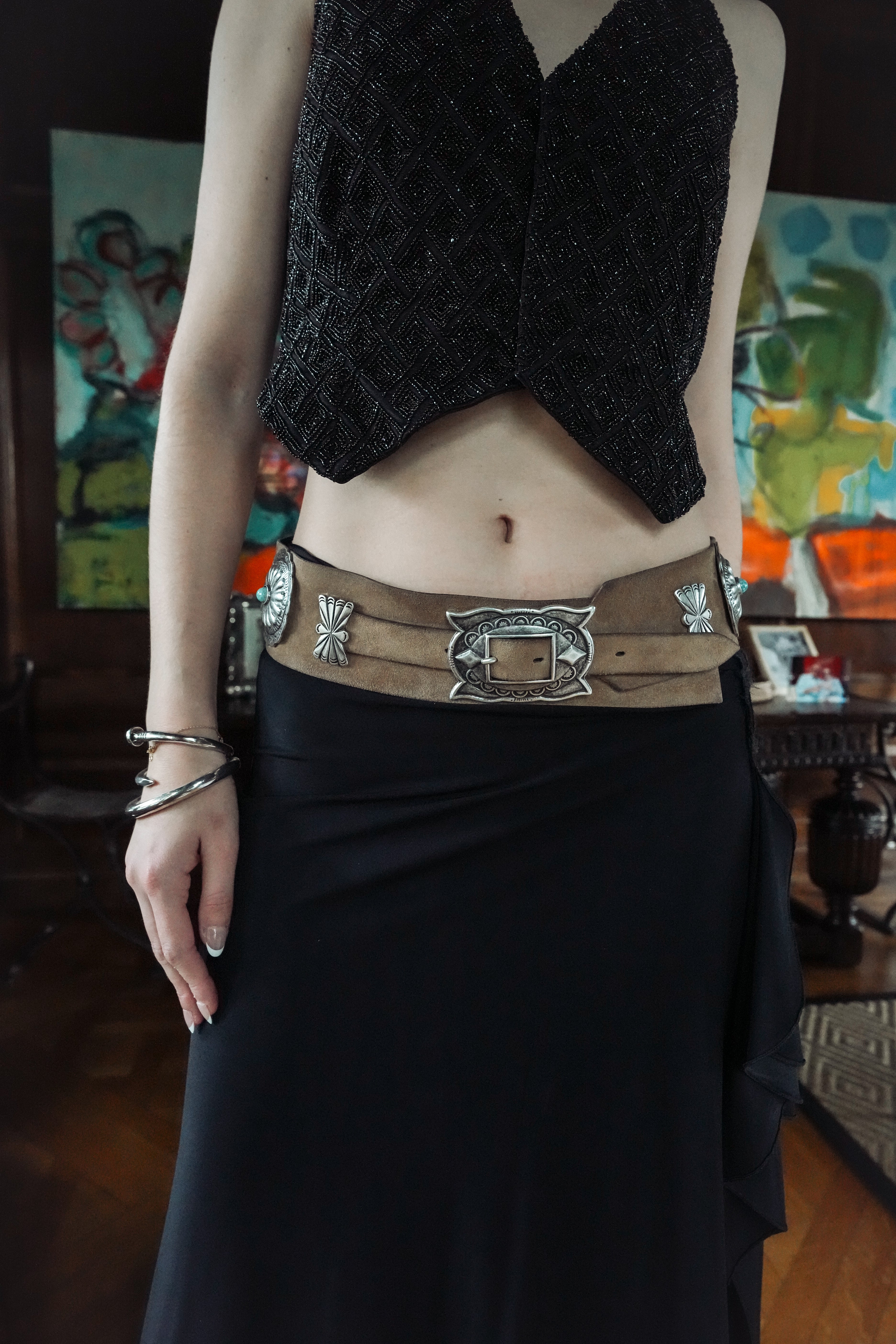 Suede Concho Belt with Silver Western Hardware (S-M)