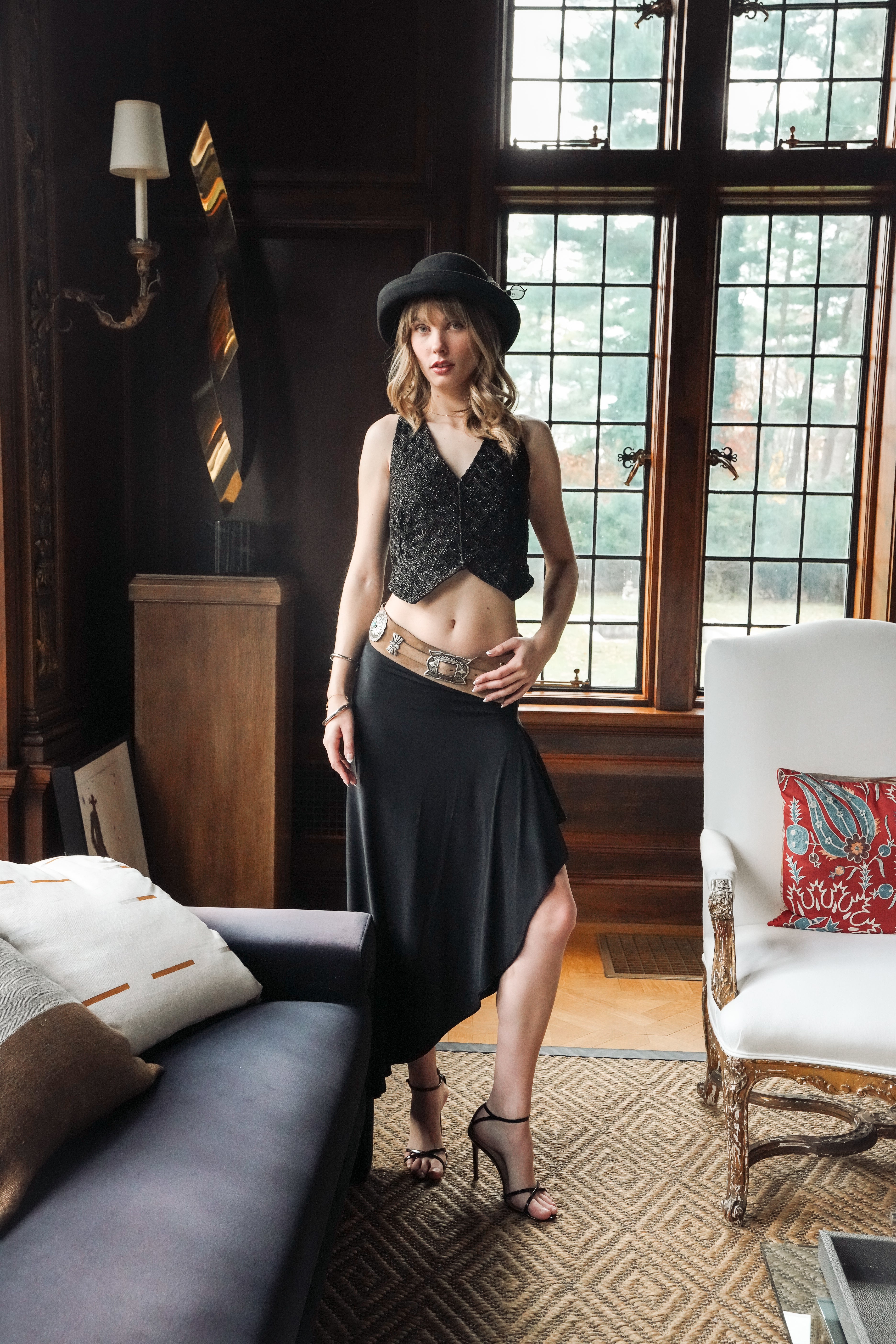 Suede Concho Belt with Silver Western Hardware (S-M)