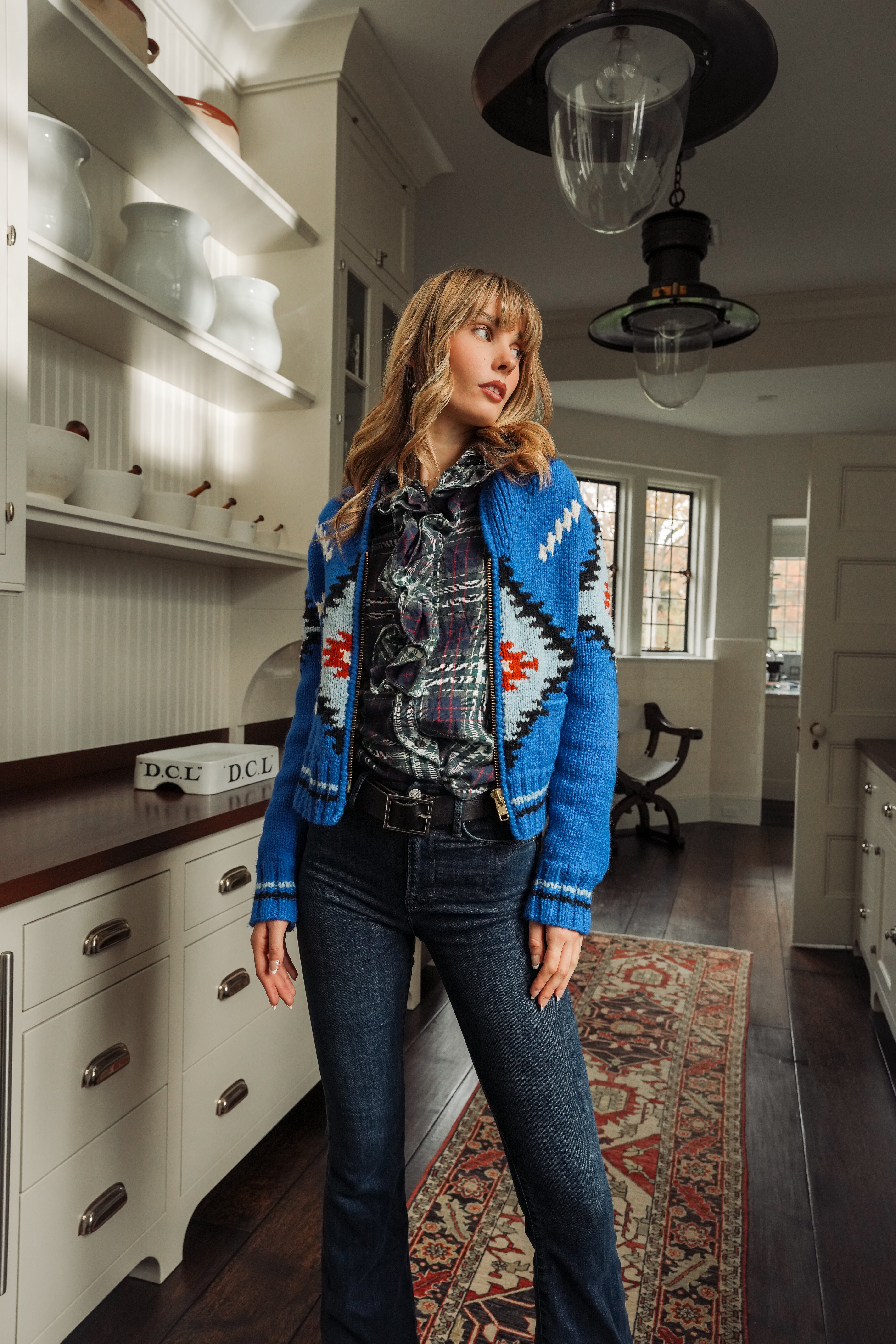 Rare Smythe Handknit Zip Cardigan in Cobalt Southwestern Pattern (XS-S)