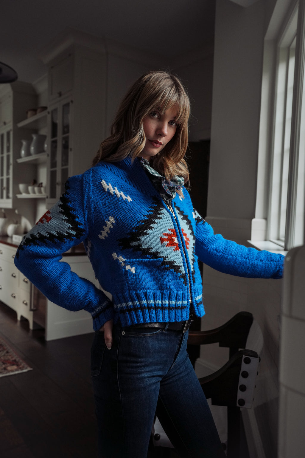 Rare Smythe Handknit Zip Cardigan in Cobalt Southwestern Pattern (XS-S)