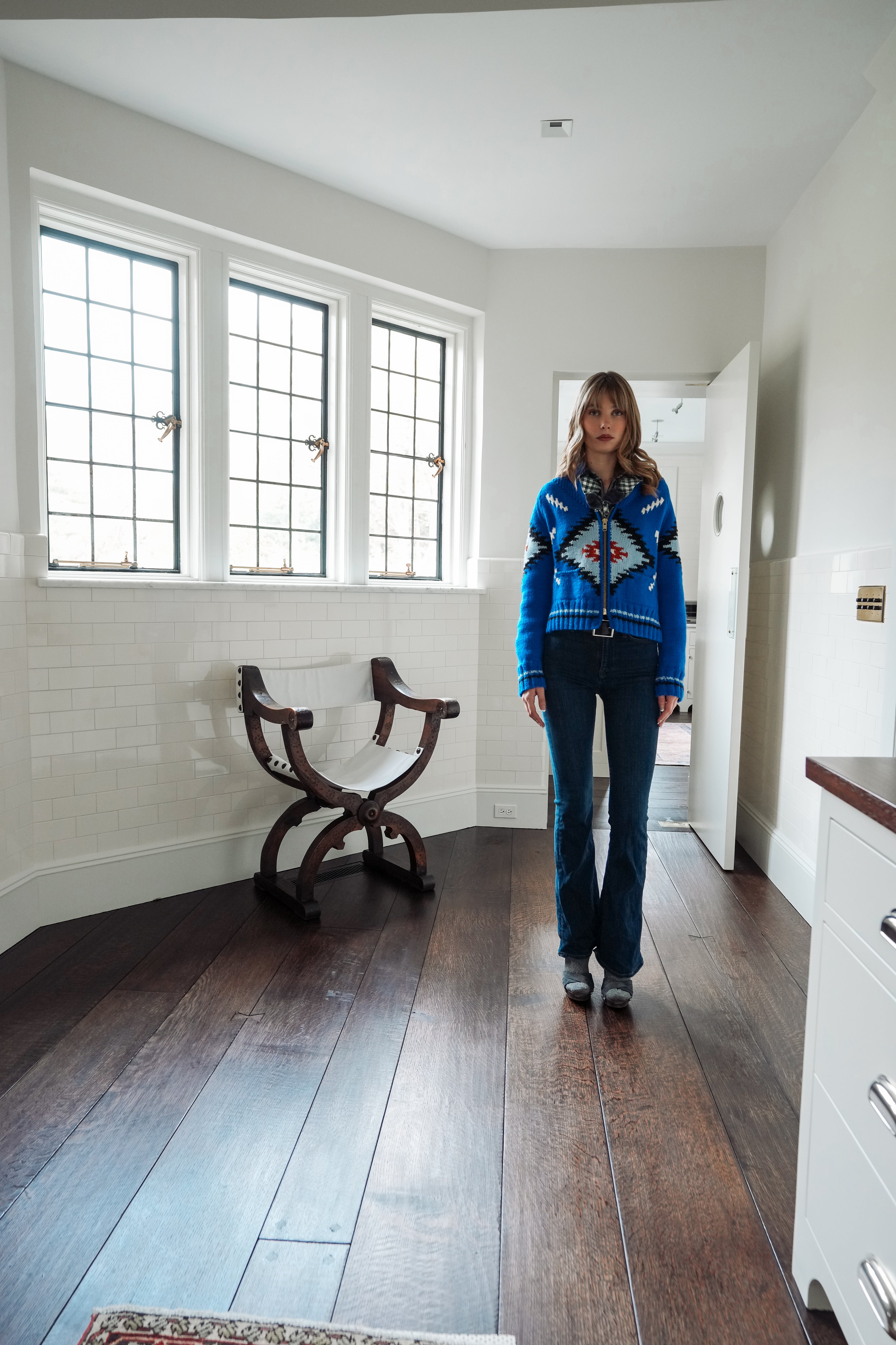 Rare Smythe Handknit Zip Cardigan in Cobalt Southwestern Pattern (XS-S)