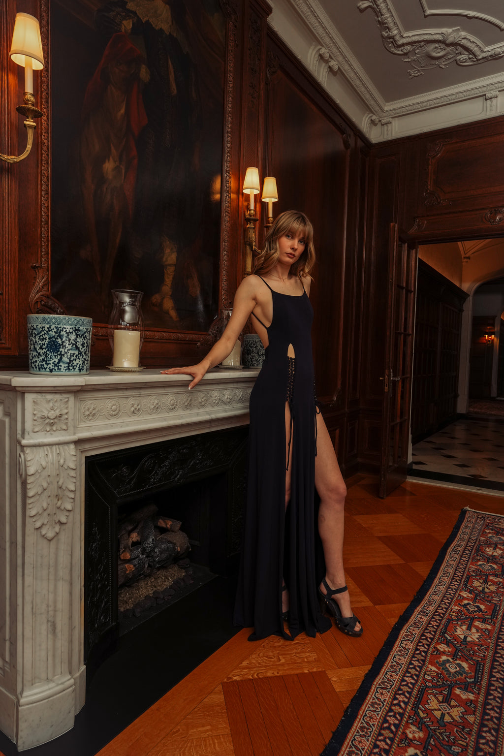 Archival Gemeli Power Navy Lace-Up Cutout Gown (XS-S)