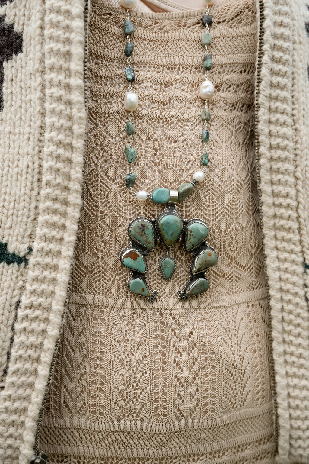 Handmade Natural Turquoise Squash Blossom Necklace + Earrings Set