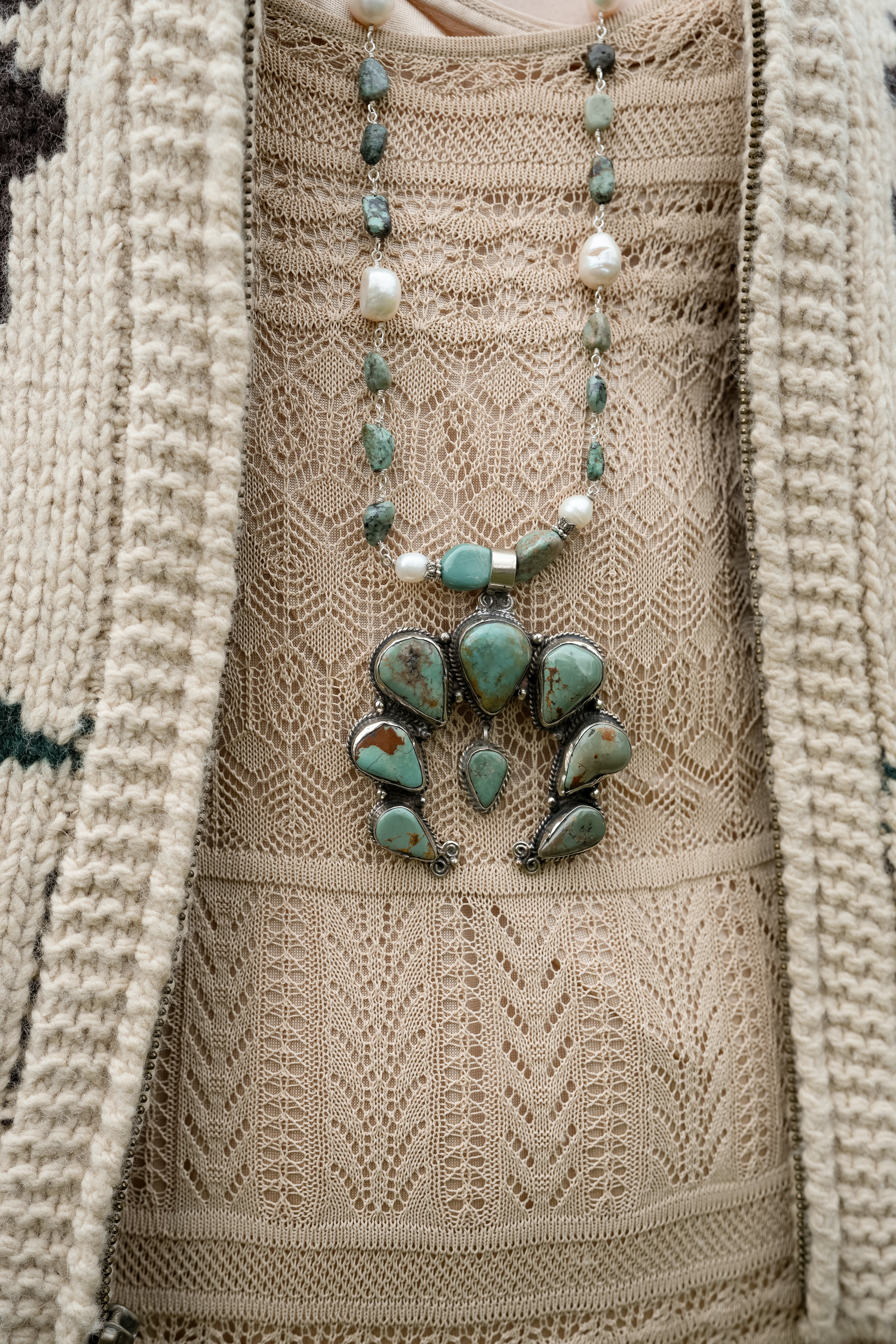 Handmade Natural Turquoise Squash Blossom Necklace + Earrings Set