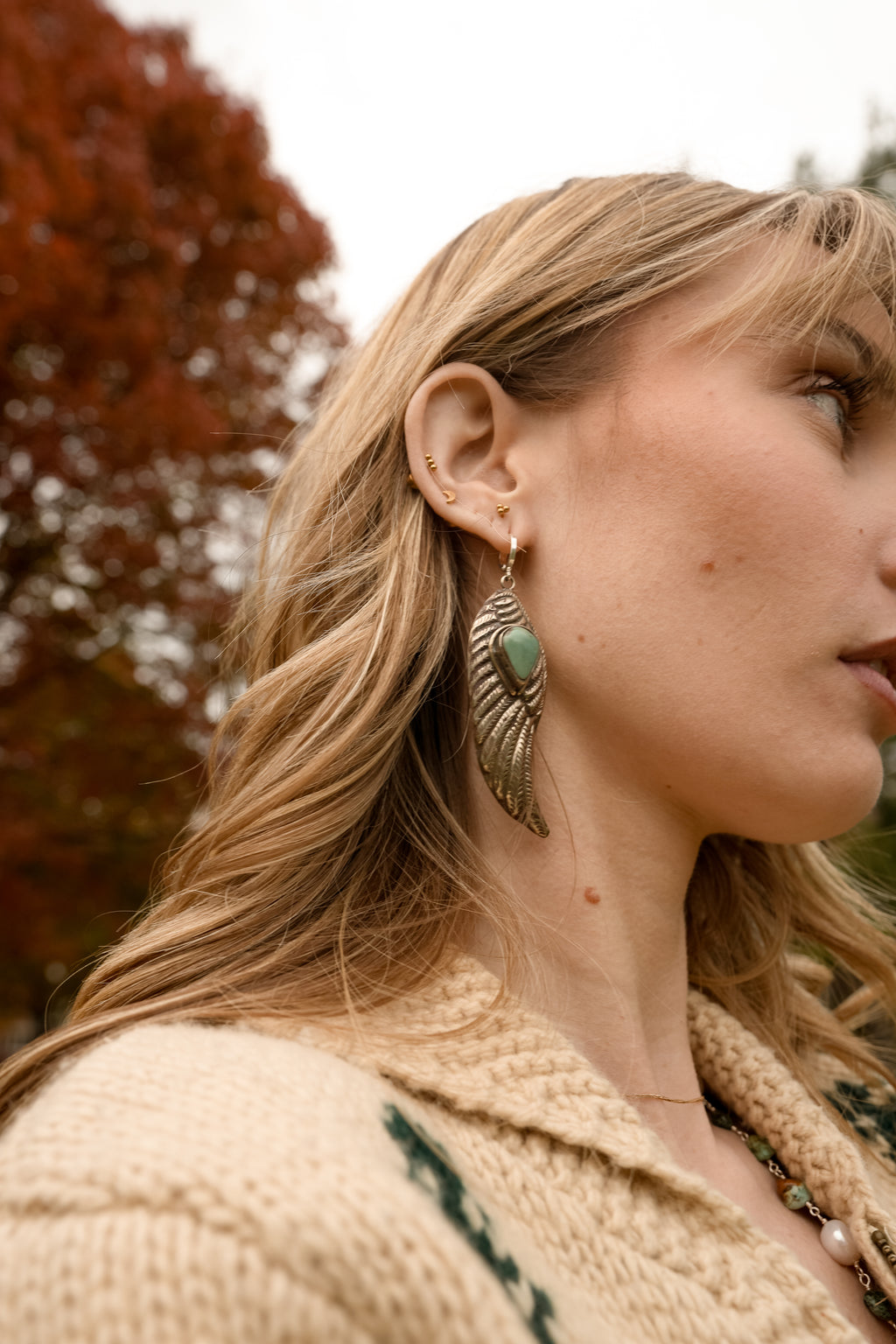Handmade Natural Turquoise Squash Blossom Necklace + Earrings Set