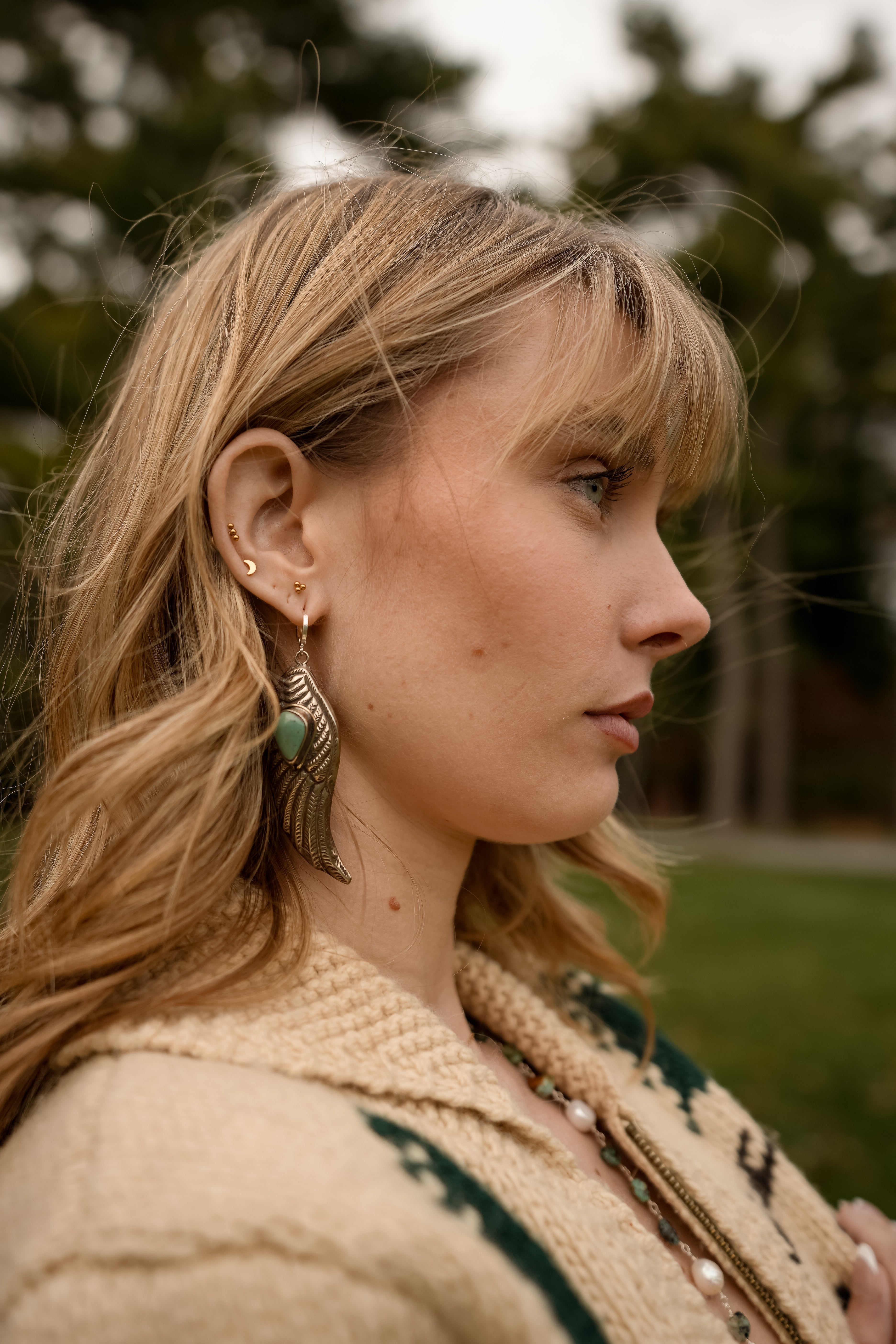 Handmade Natural Turquoise Squash Blossom Necklace + Earrings Set
