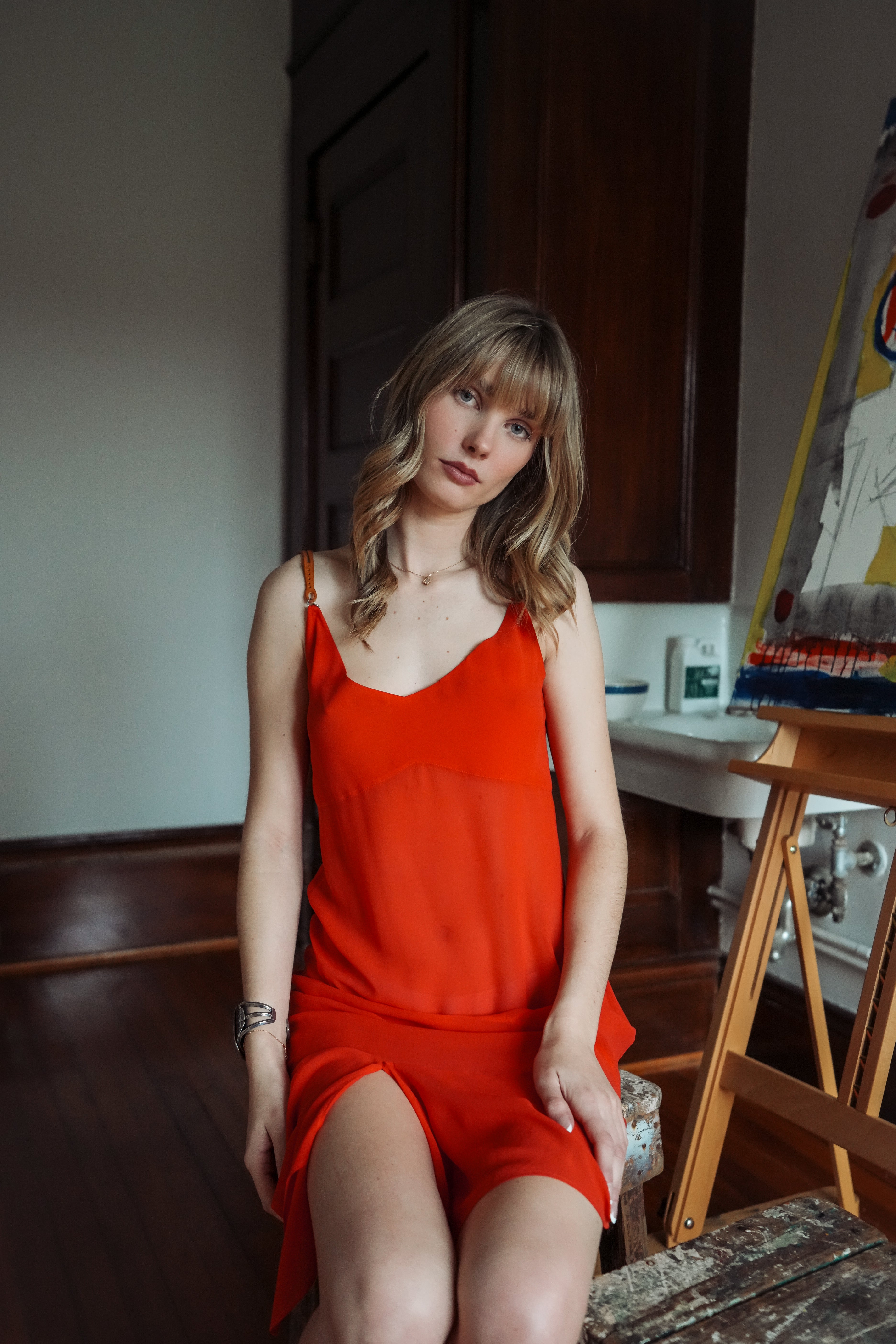 Greek Asymmetrical Slip Dress with Leather Details (XS-S)